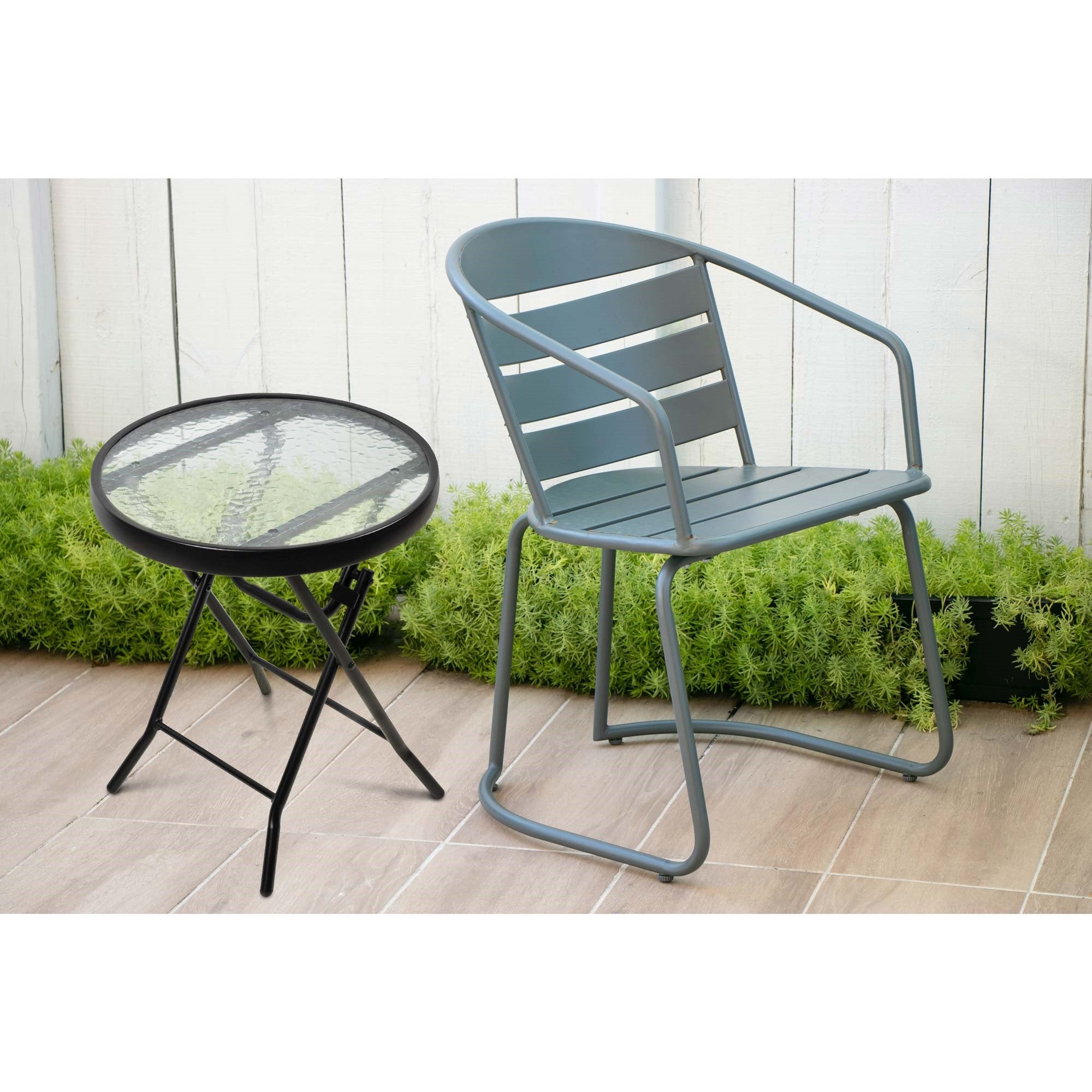 Four Seasons Courtyard Woodard Foldable Side Glass Top Table, Black, 16"