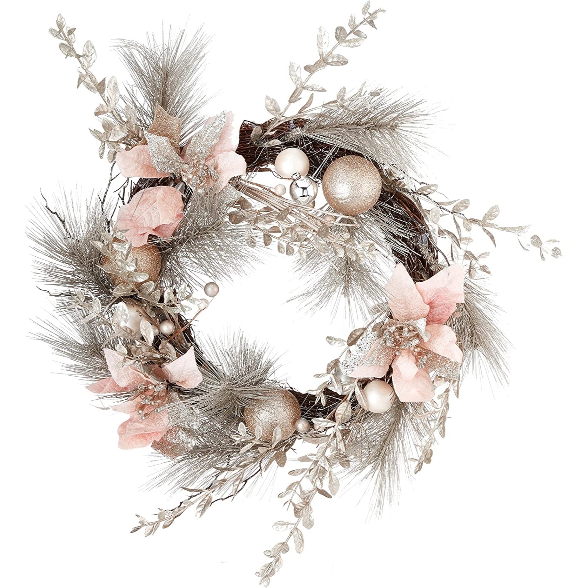 Kurt Adler Artificial Champagne/Gold Wreath with Pink Poinsettias and Ornaments Christmas Decoration, 20"