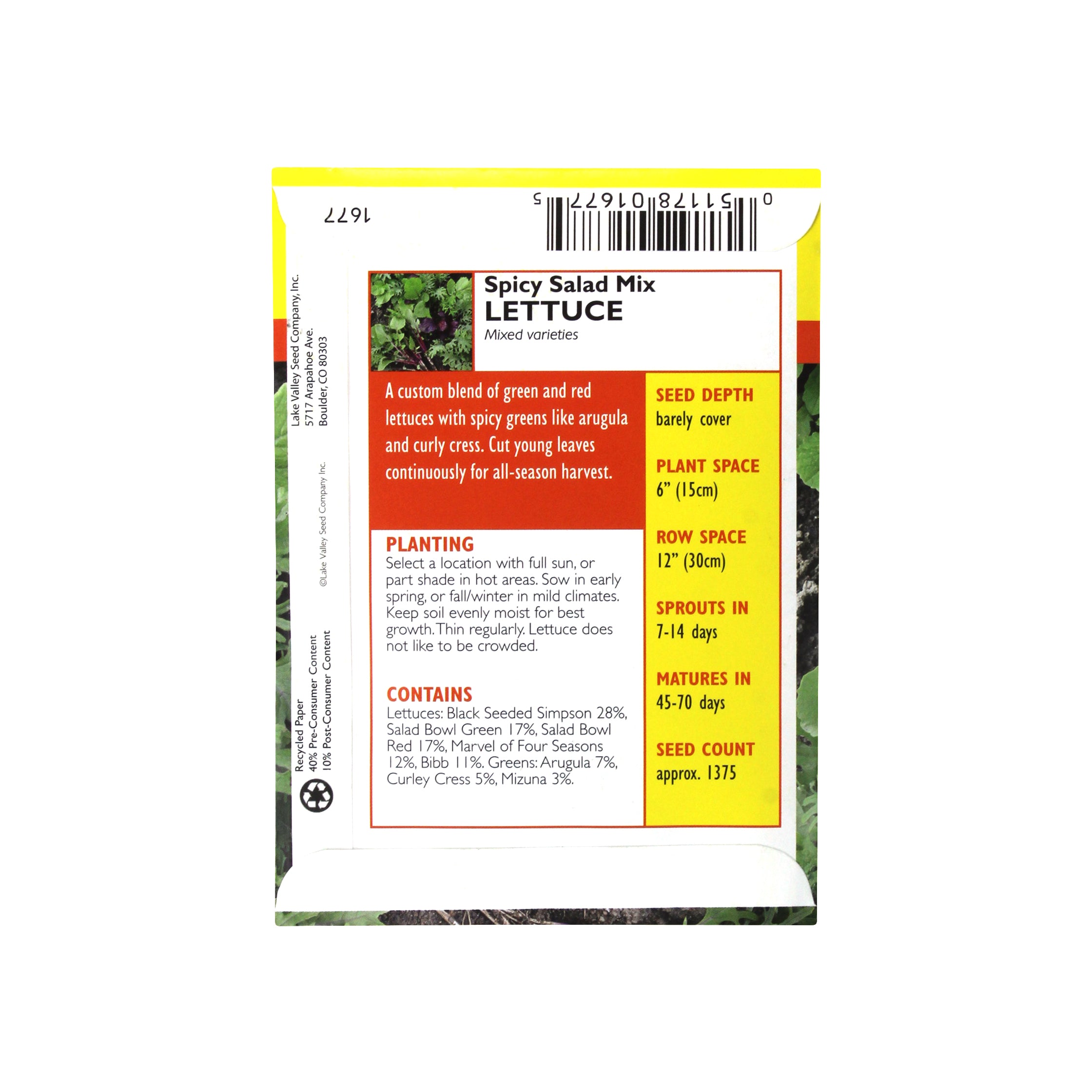 Lake Valley Seed Lettuce Spicy Salad Mix Seeds, 47+ Days Until Ready, 1.5g