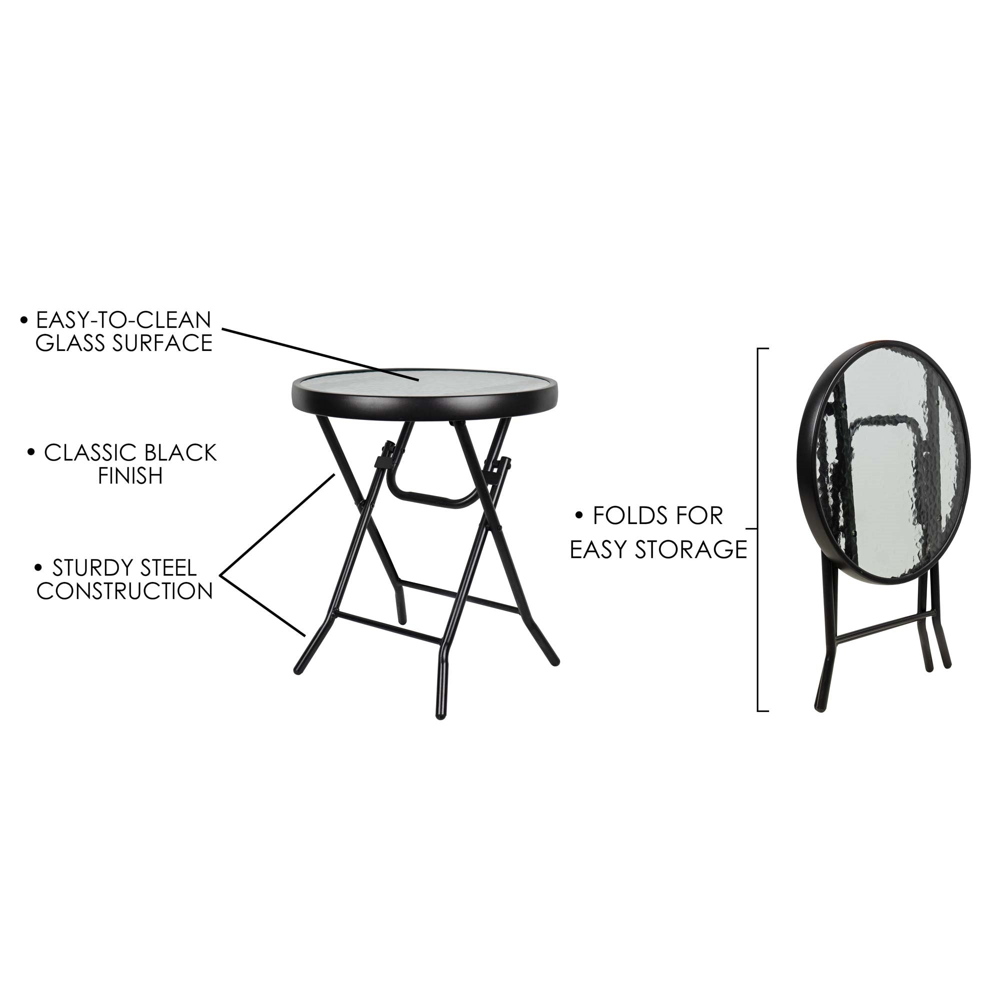 Four Seasons Courtyard Woodard Foldable Side Glass Top Table, Black, 16"