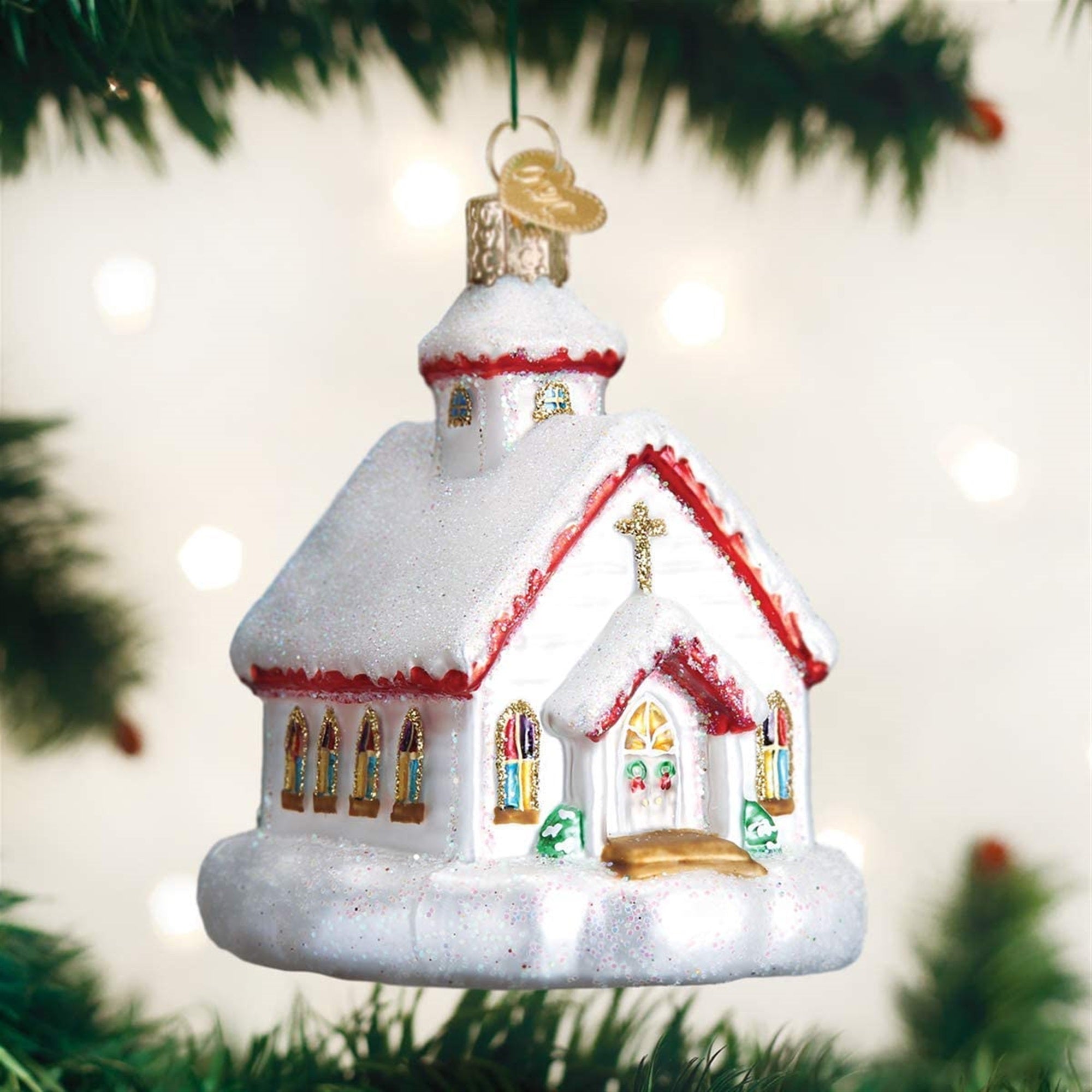 Old World Christmas Glass Blown Ornament, Country Church, 3.75"
