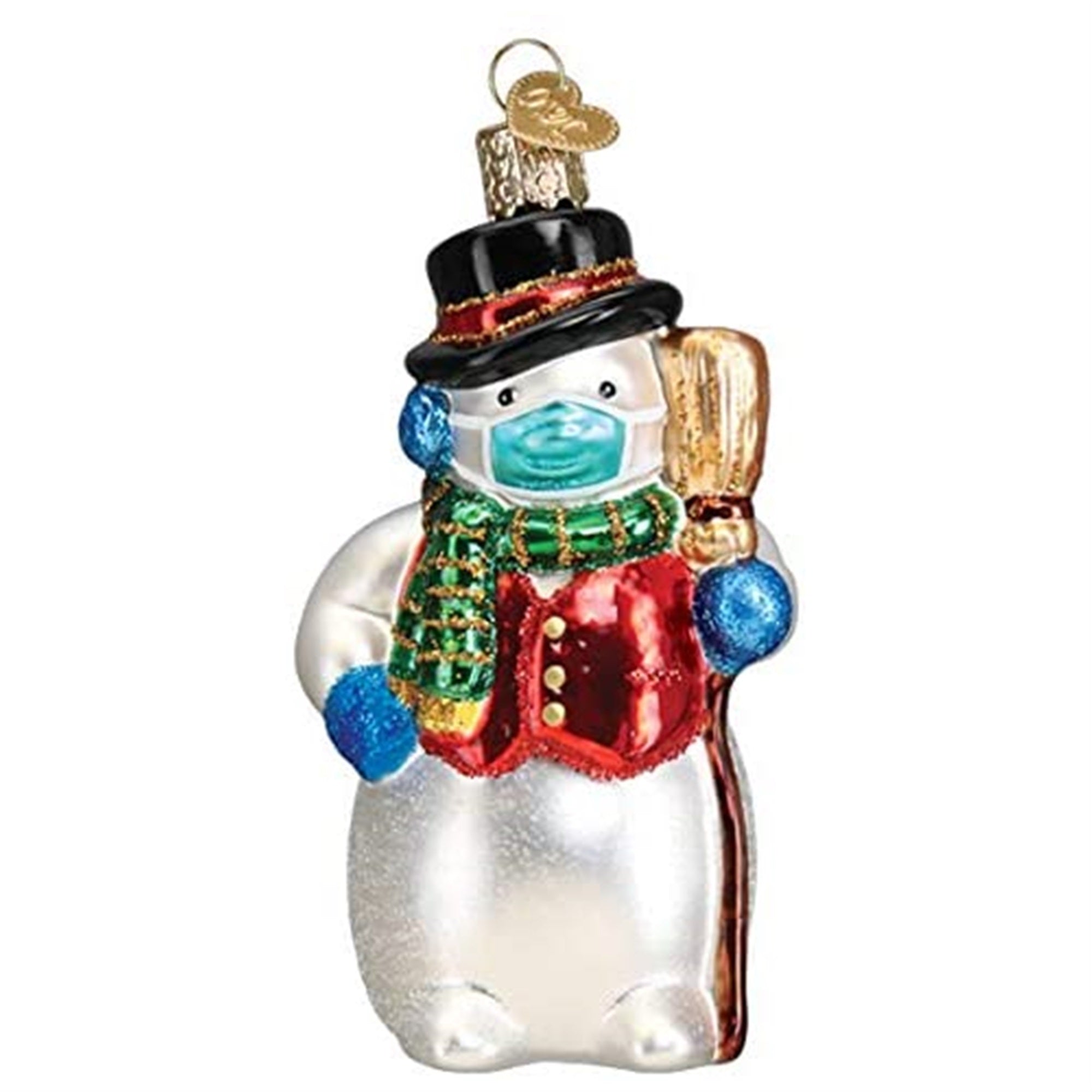 Old World Christmas Glass Blown Ornament Snowman with Face Mask, 4.5"