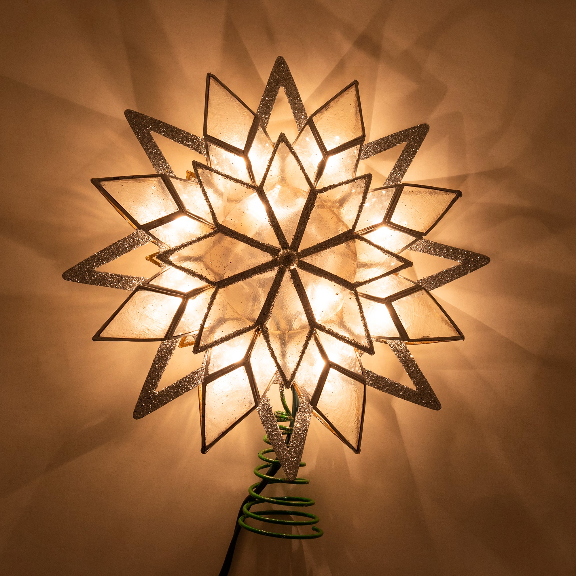 Kurt Adler 10-Light Capiz Treetop, Silver Glittered Star, 9.5"