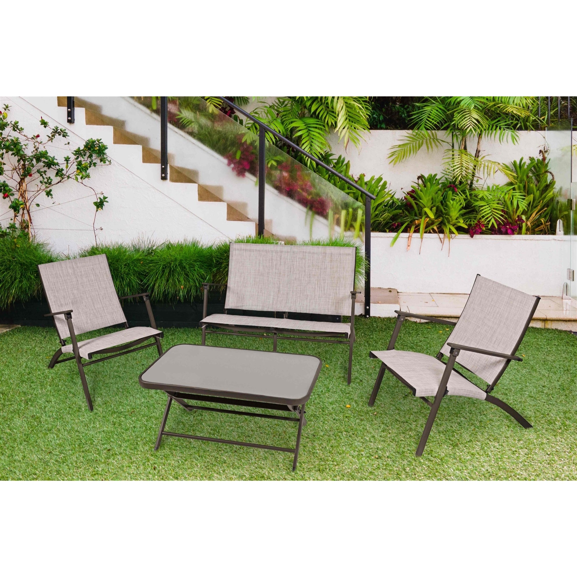 Four Seasons Novara Steel Folding Patio Set, Folding Table, 2 Chairs & Loveseat - 4 Piece