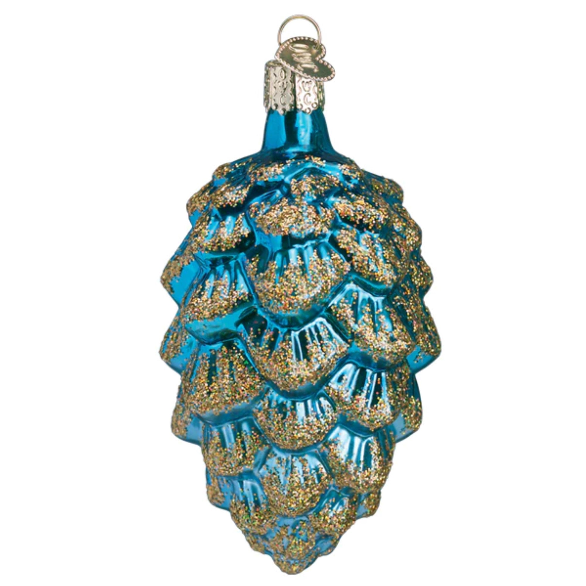 Old World Christmas Glass Blown Ponderosa Pine Cone Blue, 4"