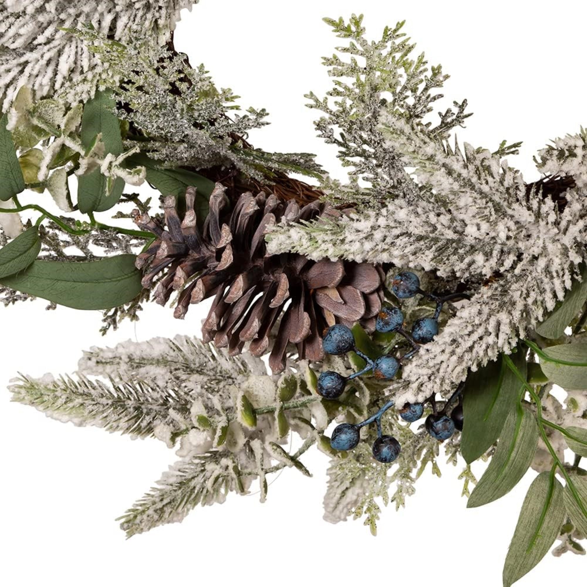 Kurt Adler Unlit Flocked Rattan Artificial Christmas Decorated Wreath with Berries and Pinecones, 24"