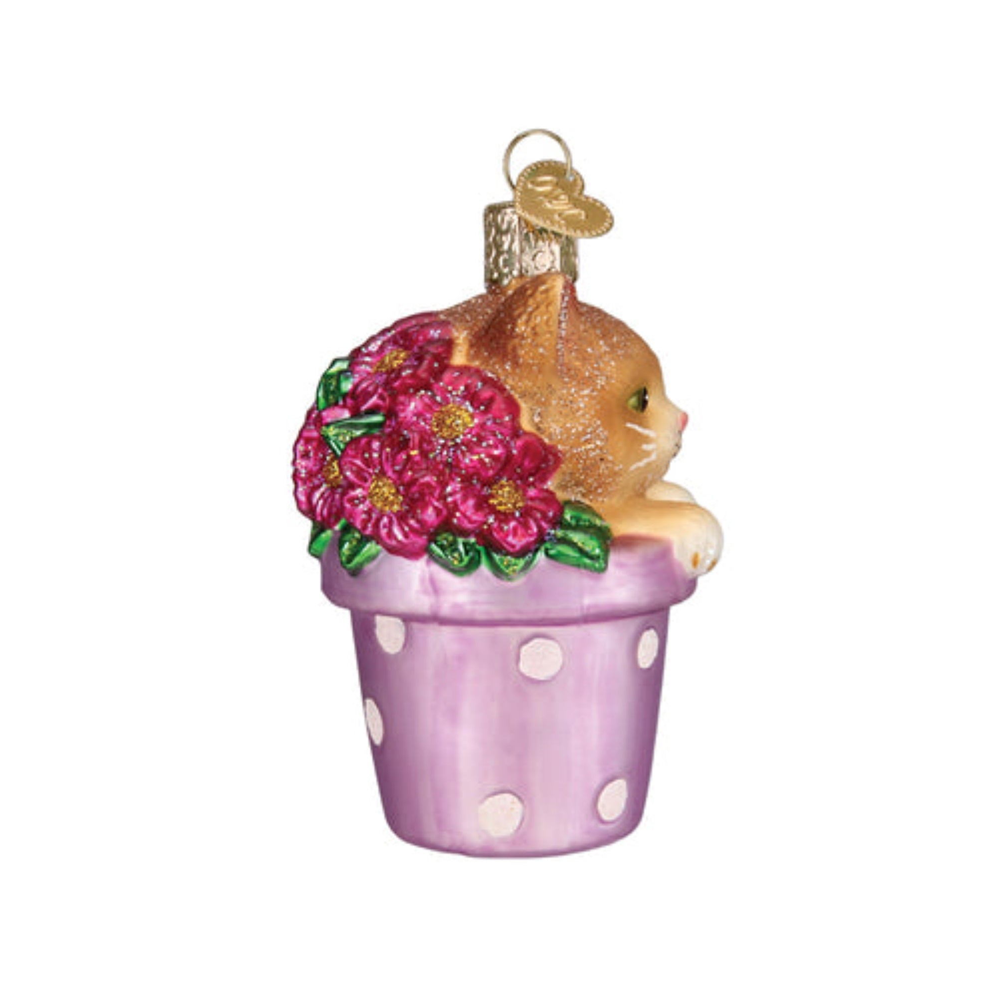 Old World Christmas Kitten in Flower Pot Blown Glass Holiday Tree Ornament