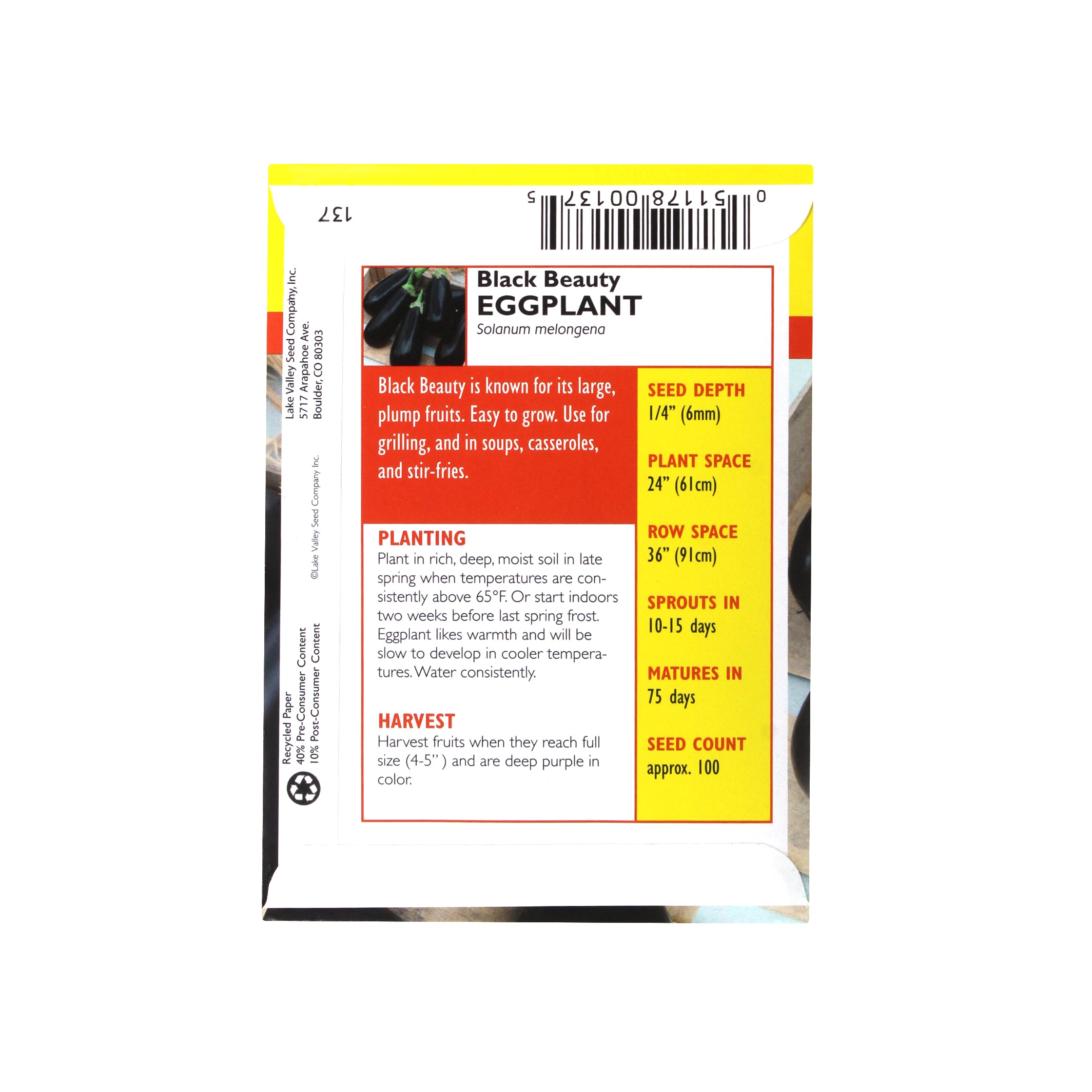 Lake Valley Seed Eggplant, Black Beauty Heirloom, 0.5g