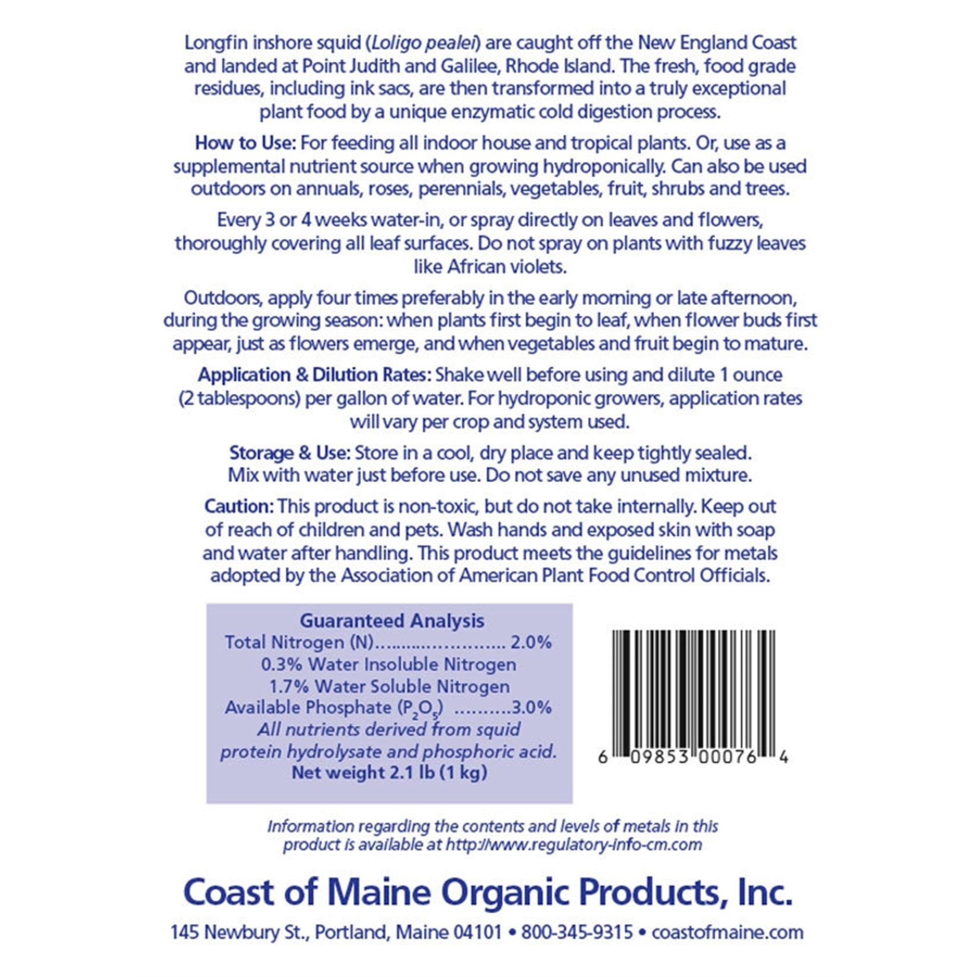 Coast of Maine 2-3-0 Squid Liquid Concentrate All Natural Plant Food for Indoor Plants, 32 fl oz