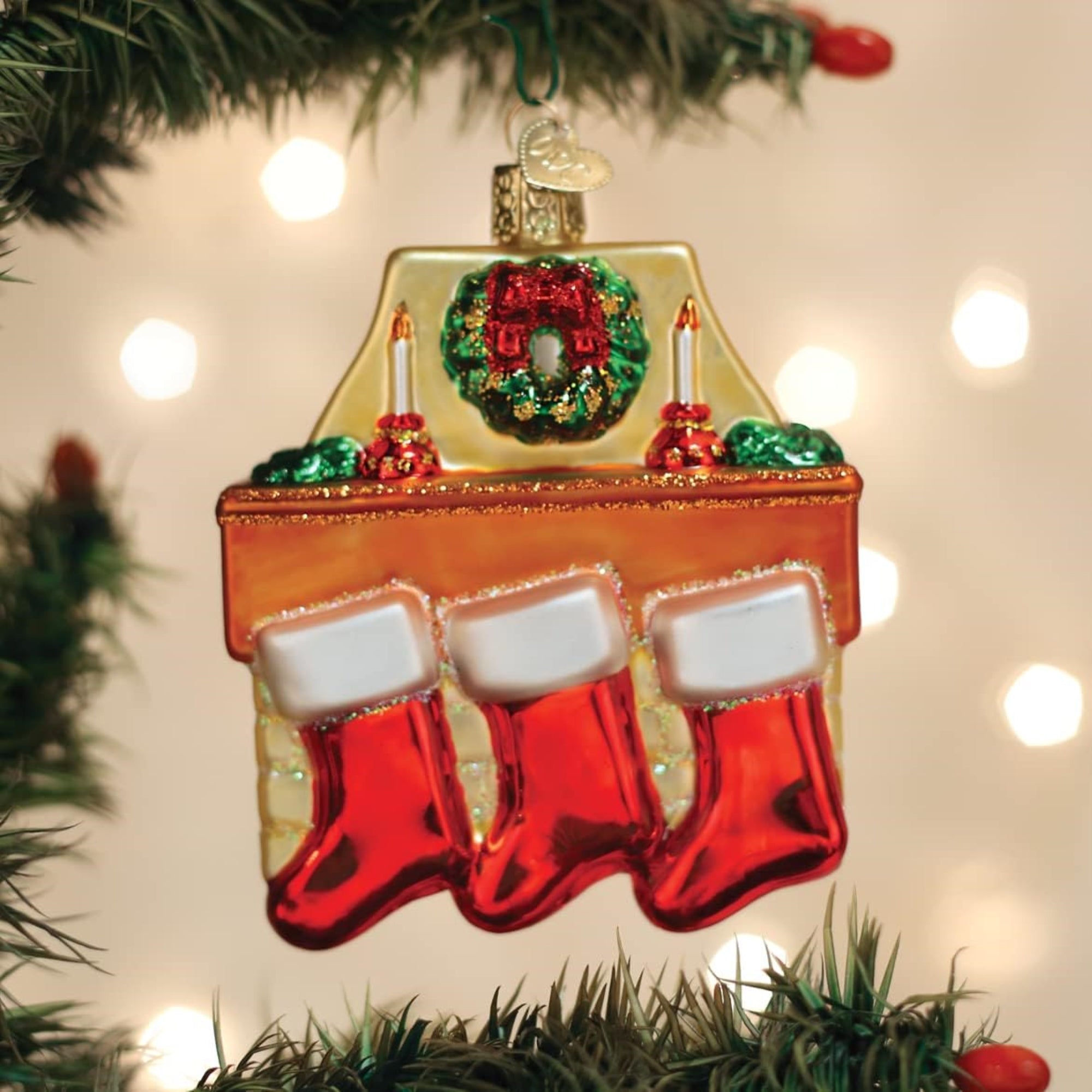 Old World Christmas Family of 3 Stockings Glass Blown Ornament for Christmas Tree, Multicolored, 4"