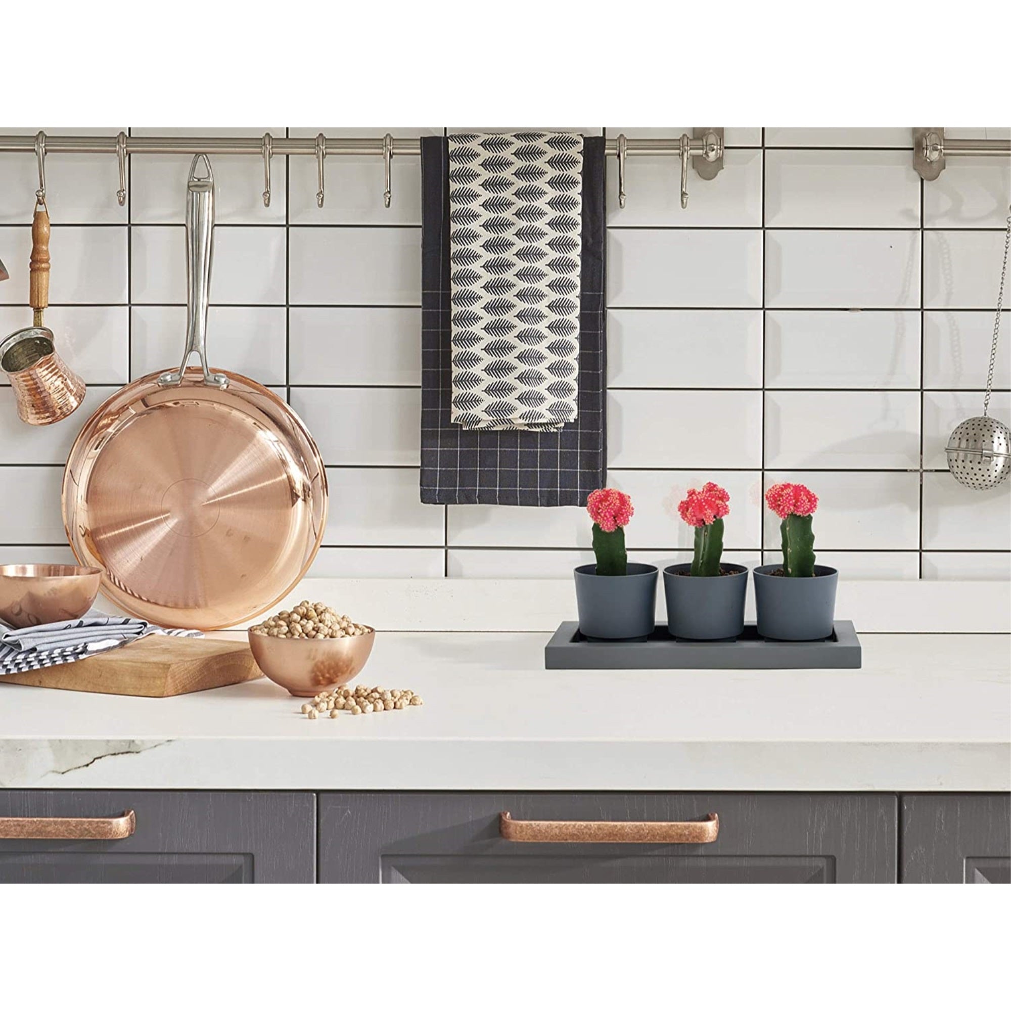 Bloem Trio Flight 3 Resin Planter Pots with Saucer Tray, Charcoal Gray 14”