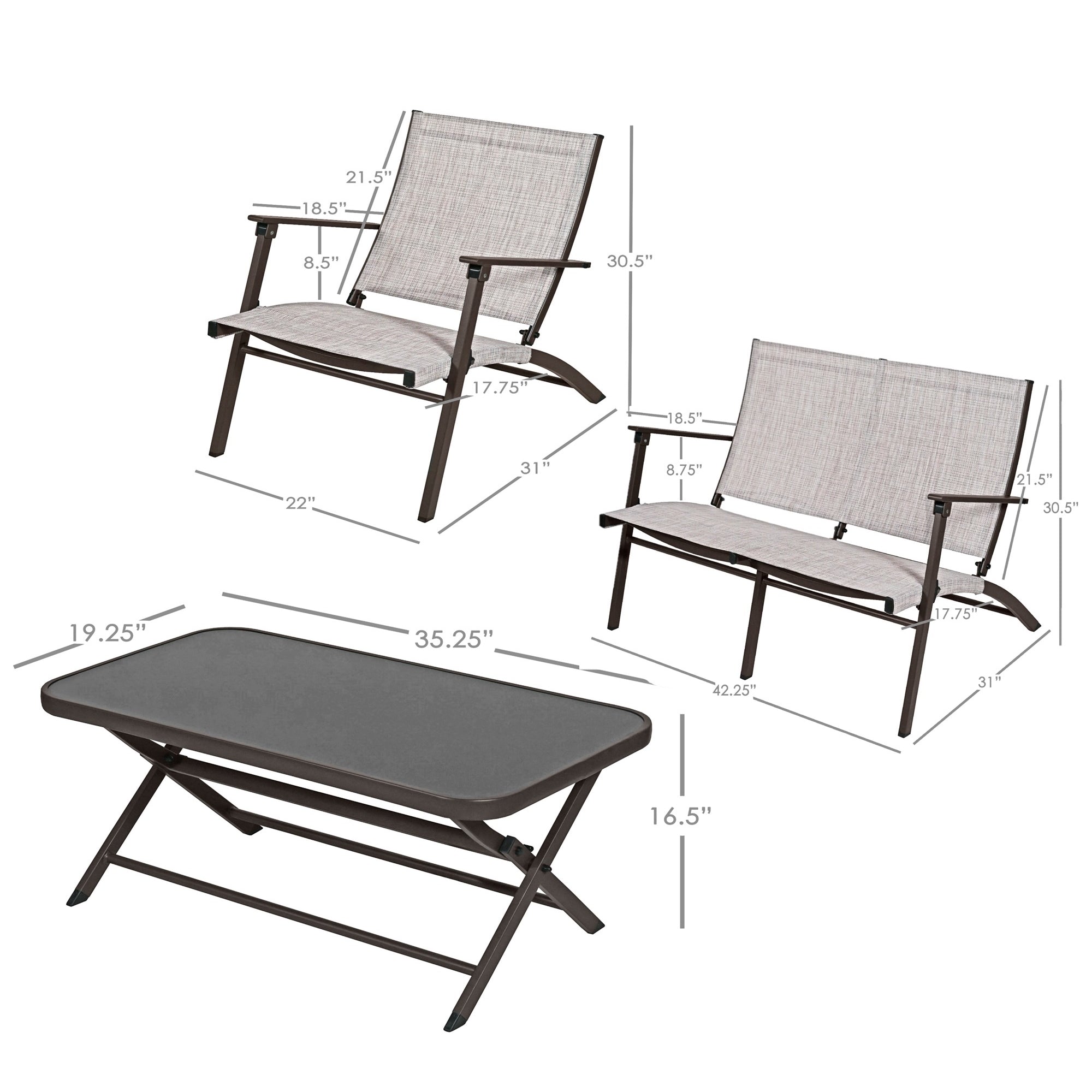 Four Seasons Novara Steel Folding Patio Set, Folding Table, 2 Chairs & Loveseat - 4 Piece