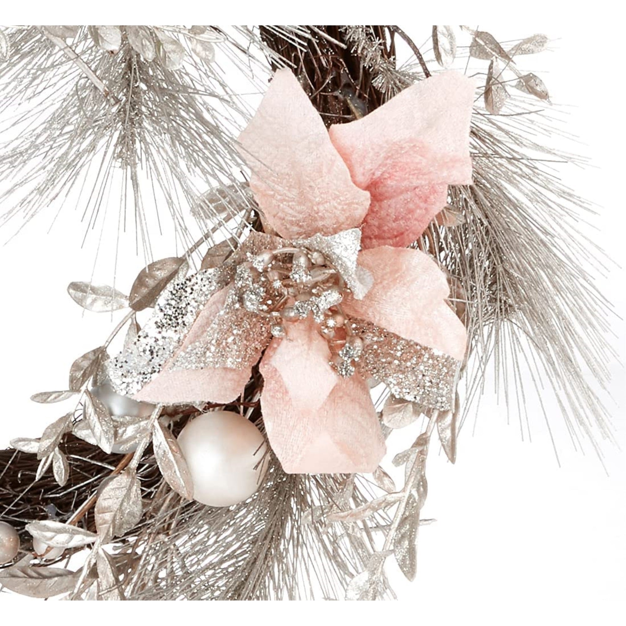 Kurt Adler Artificial Champagne/Gold Wreath with Pink Poinsettias and Ornaments Christmas Decoration, 20"