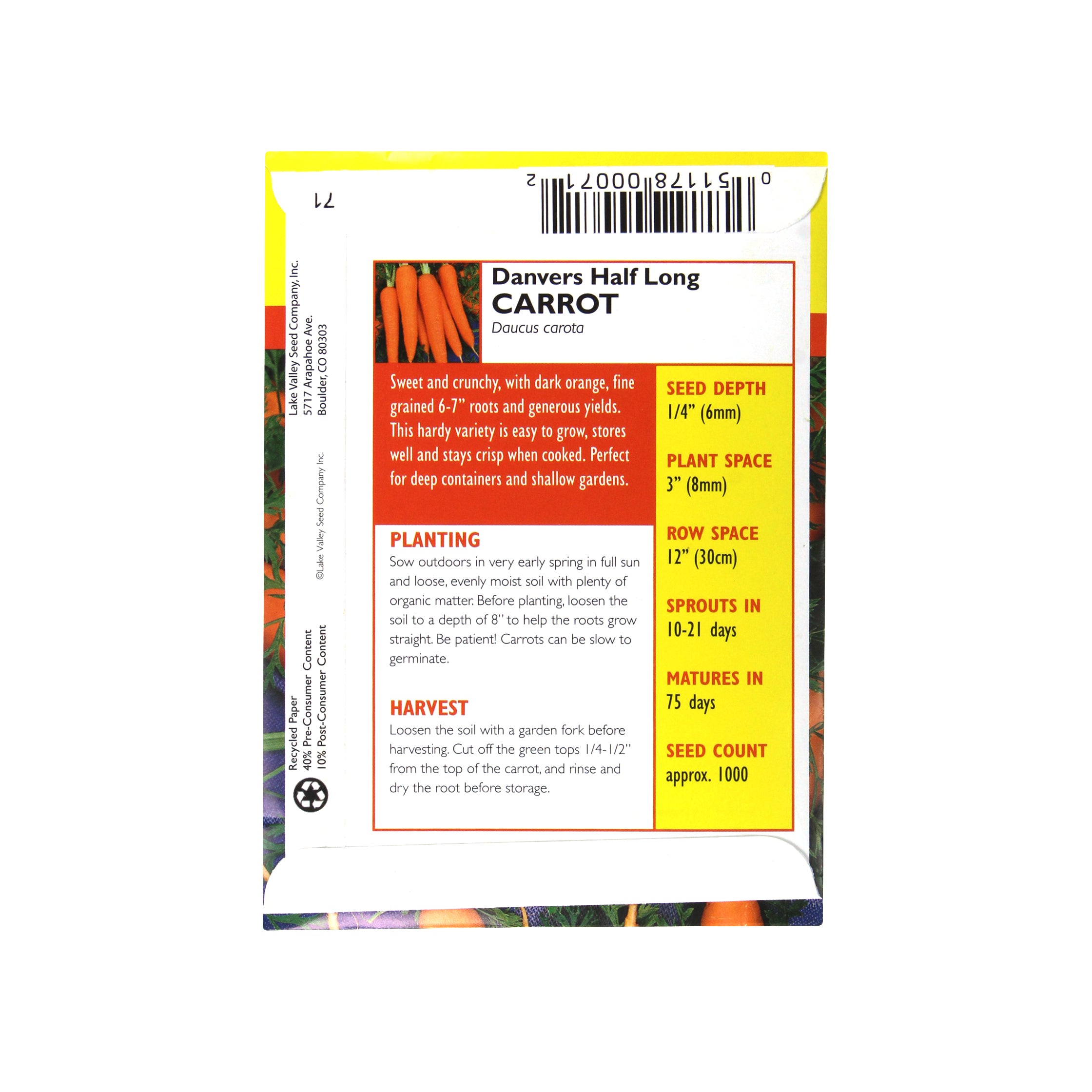 Lake Valley Seed Danvers Half Long Carrot Vegetable, 1.5g