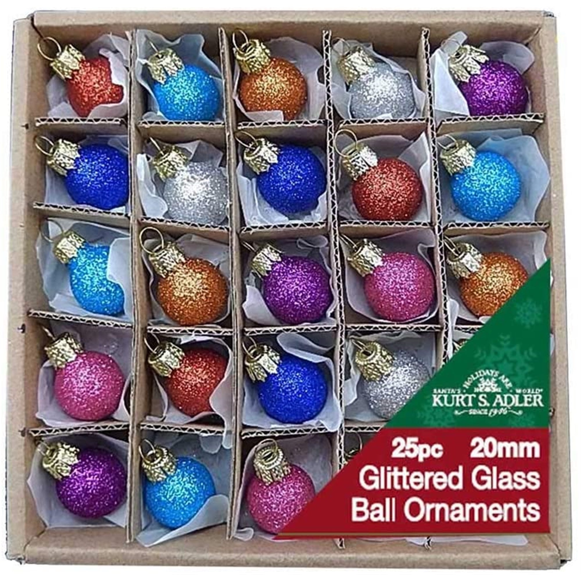 Kurt Adler 20MM (.75") Miniature Glitter Glass Ball Ornaments, 25-Piece Box Set