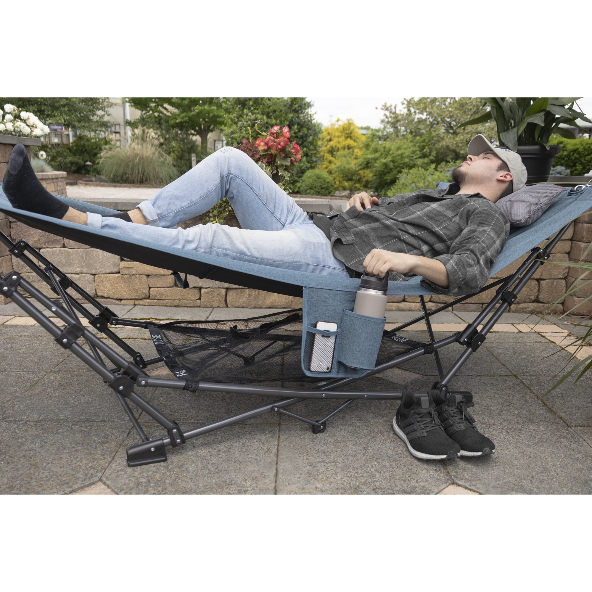 Zenithen Outdoor Patio Folding Collapsible Hammock w/ Sturdy Frame and Pillow For Camping, Blue