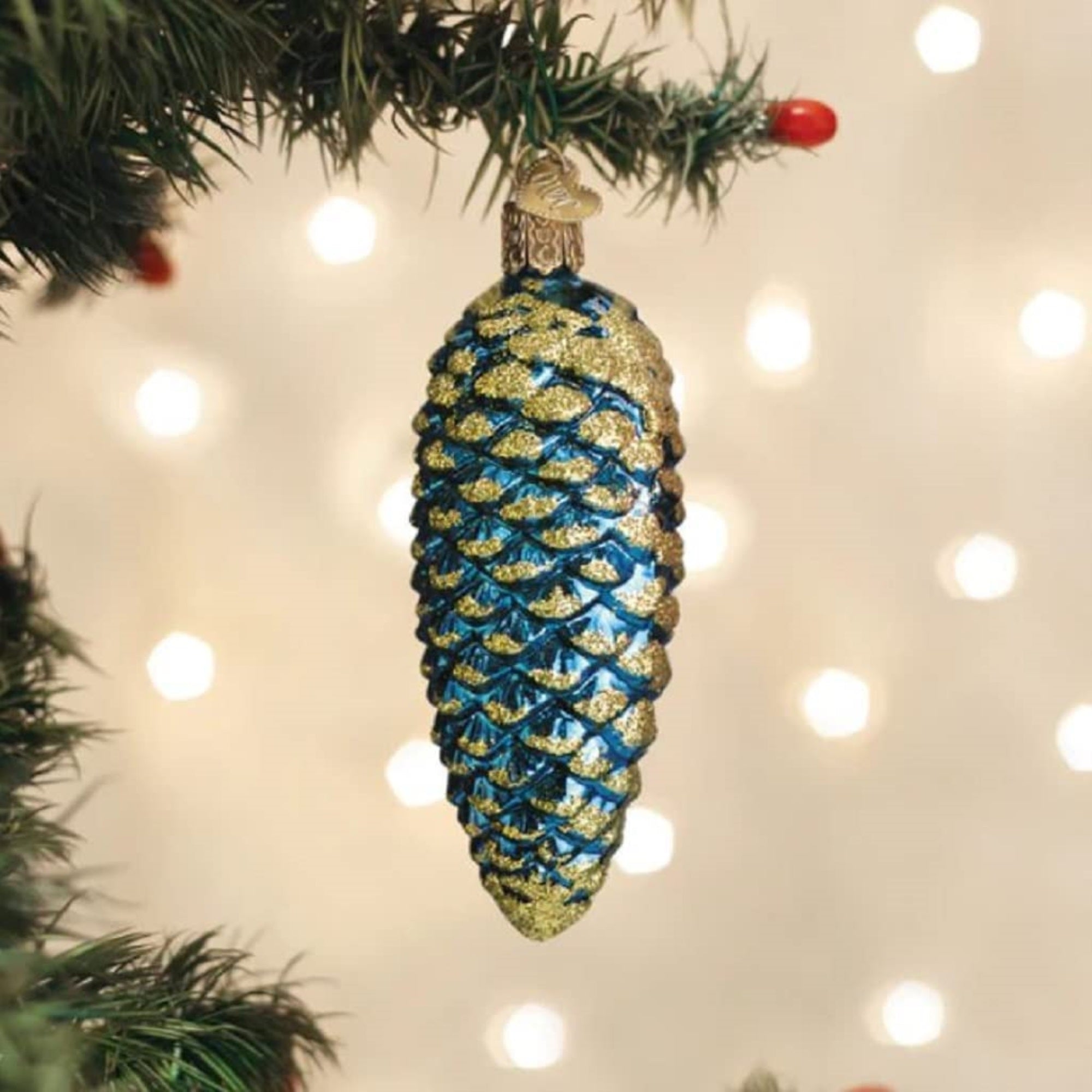 Old World Christmas Glass Blown Shimmering Pine Cone Blue, 4"