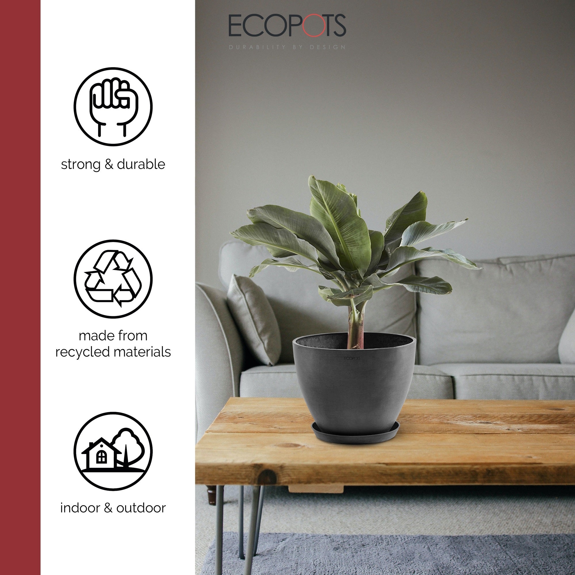 Ecopots Round Recycled Plastic Modern In/Outdoor Planter Flower Pot Saucer, Dark Grey, 11"