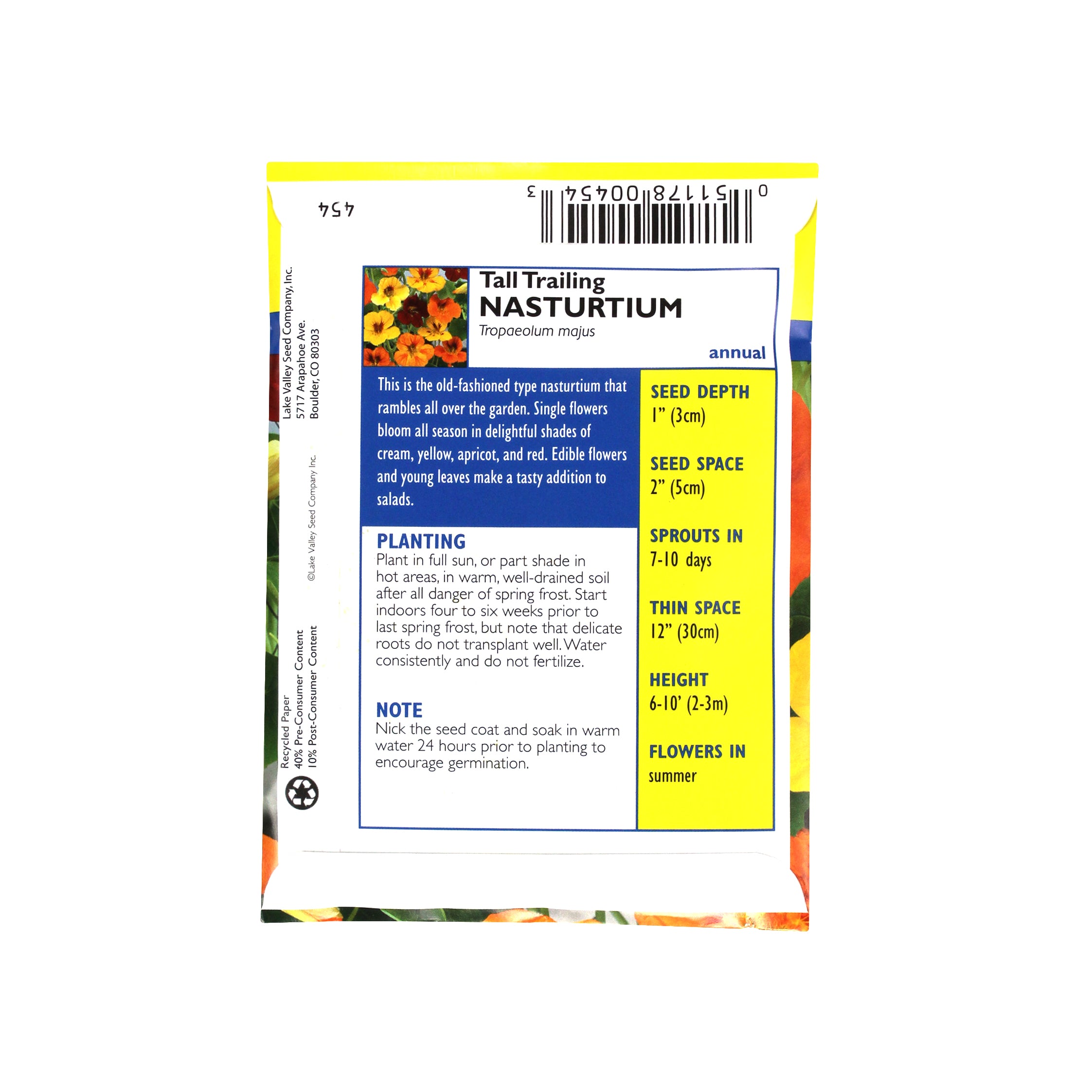 Lake Valley Seed Nasturtium, Tall Trailing Mixed Colors, 3g