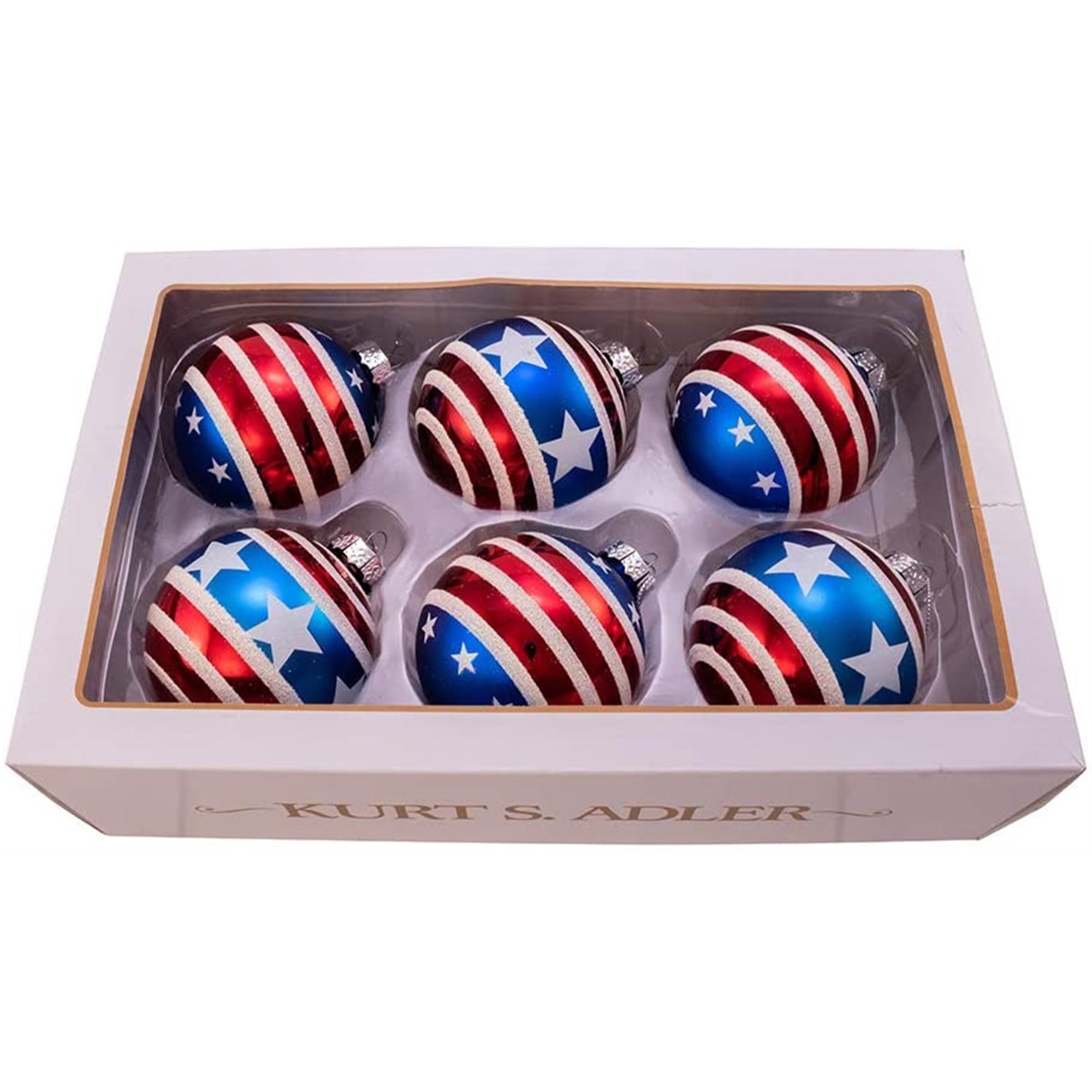 Kurt S. Adler Kurt Adler 80MM Red, White and Blue Stars and Stripes Glass Ball, 6 Piece Box Ornament