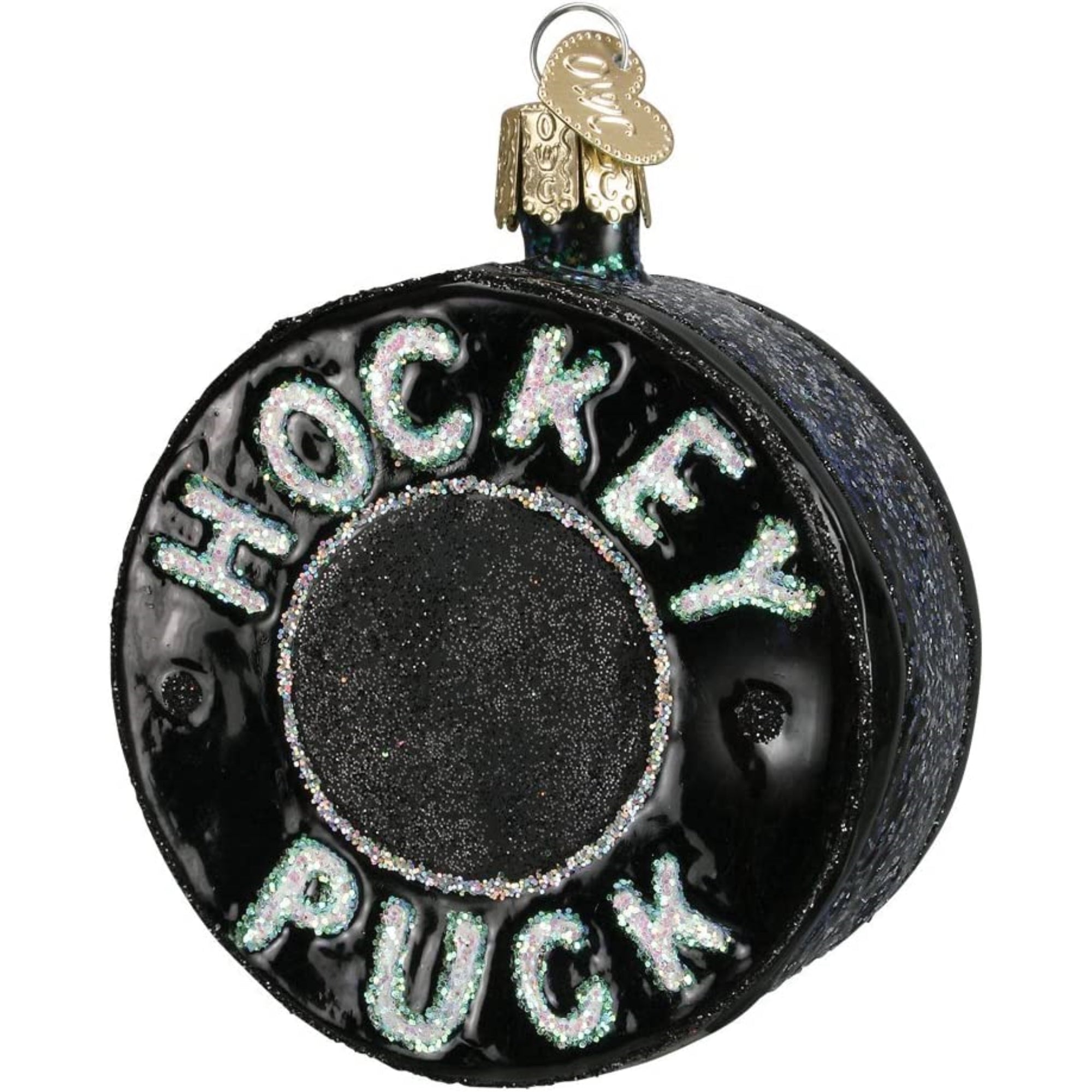 Old World Christmas Glass Blown Hockey Puck Ornament