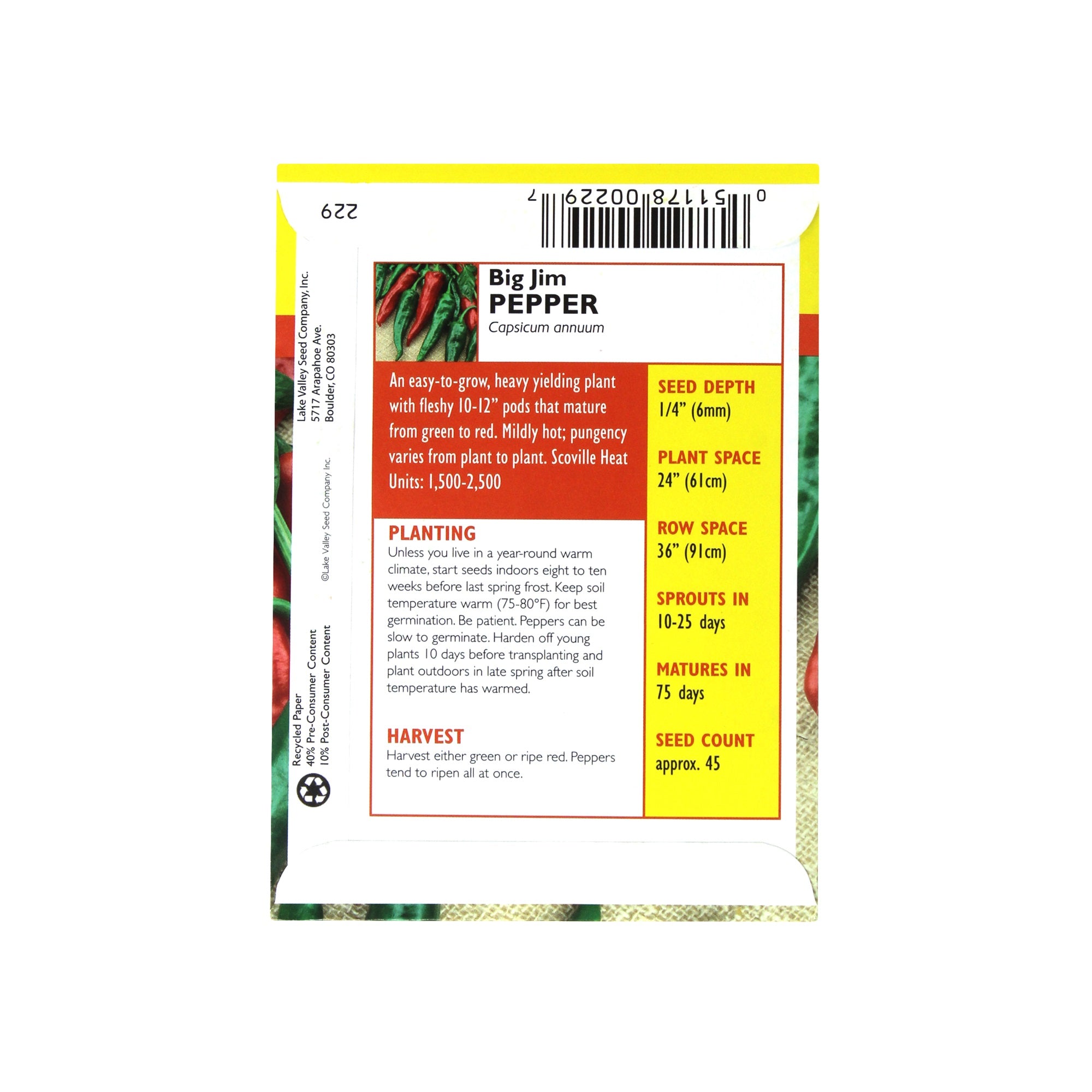 Lake Valley Seed Pepper Hot Big Jim Vegetable Seeds