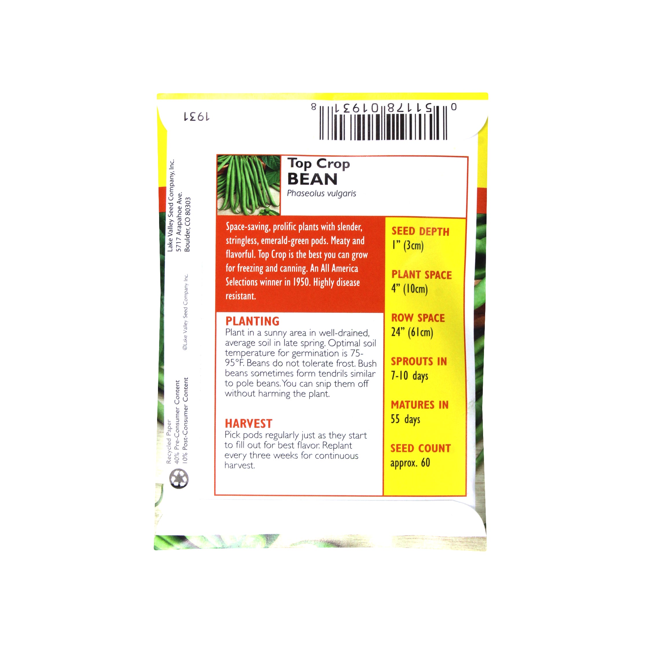 Lake Valley Seed Top Crop Bean Bush Vegetable, 20g