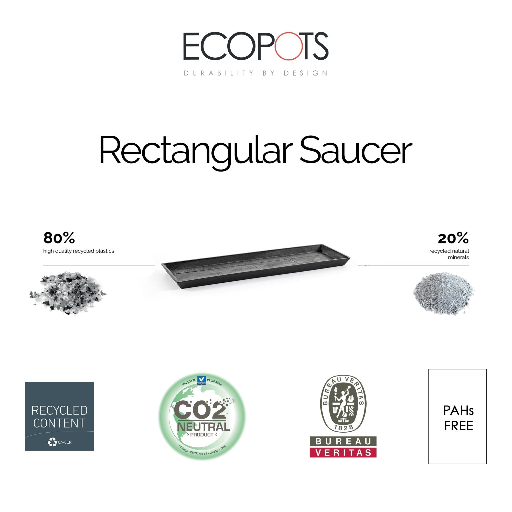 Ecopots Rectangular In/Outdoor Recycled Plastic Planter Flower Pot Saucer, Dark Grey, 31.5"