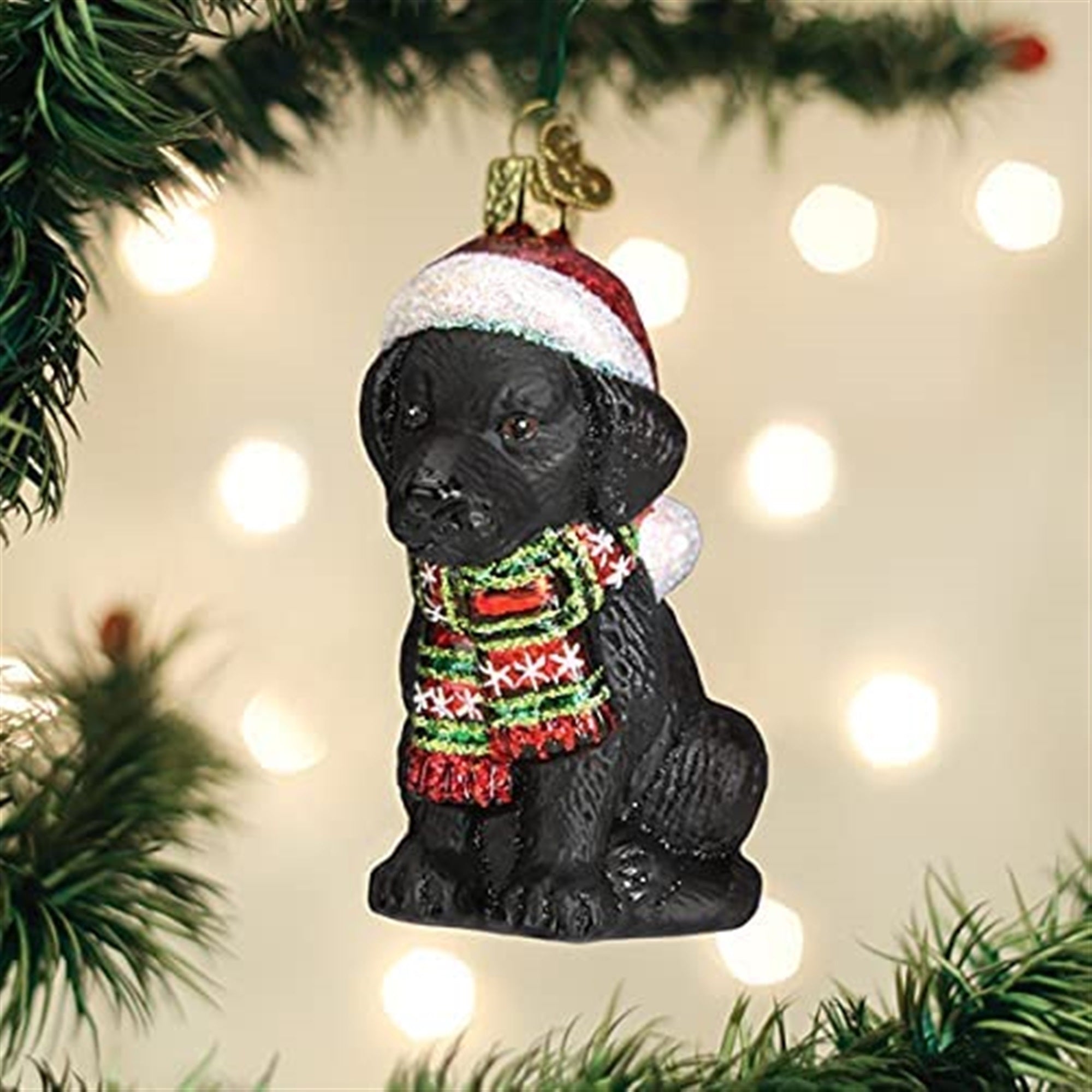 Old World Christmas Glass Blown Ornament, Holiday Black Lab Puppy 5"