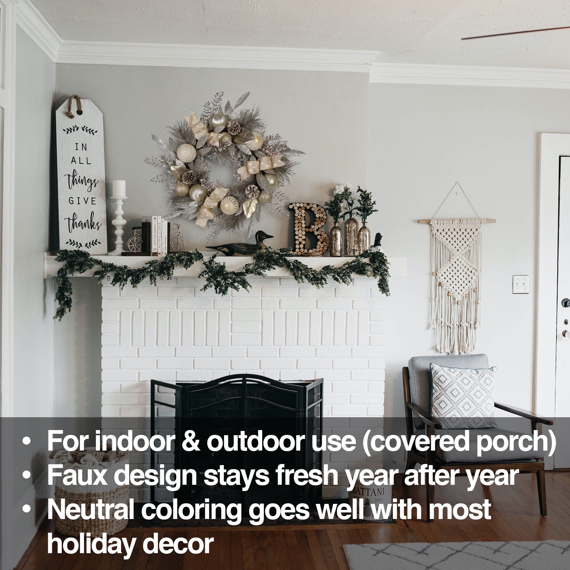 Kurt Adler Artificial Silver and Gold Champagne Rattan Wreath Christmas Decoration, 24"