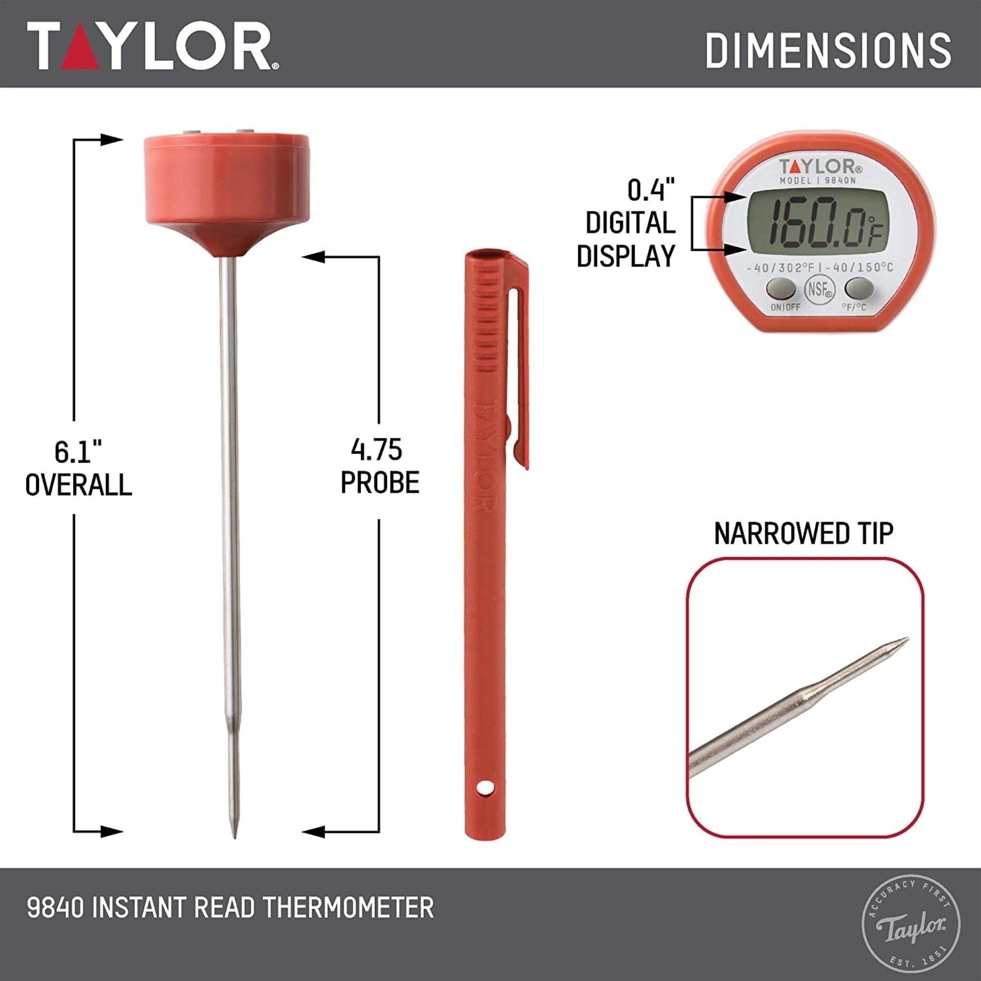 Taylor Precision Products Instant Read Digital Meat Food Grill BBQ Cooking Kitchen Thermometer, Comes with Pocket Sleeve Clip, Red