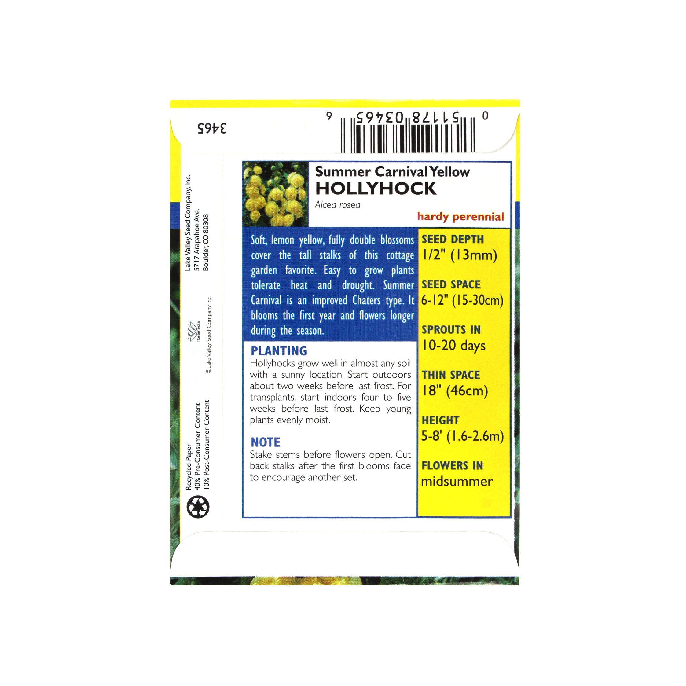 Lake Valley Seed Summer Carnival Yellow Heirloom Hollyhock Flower, 0.50g