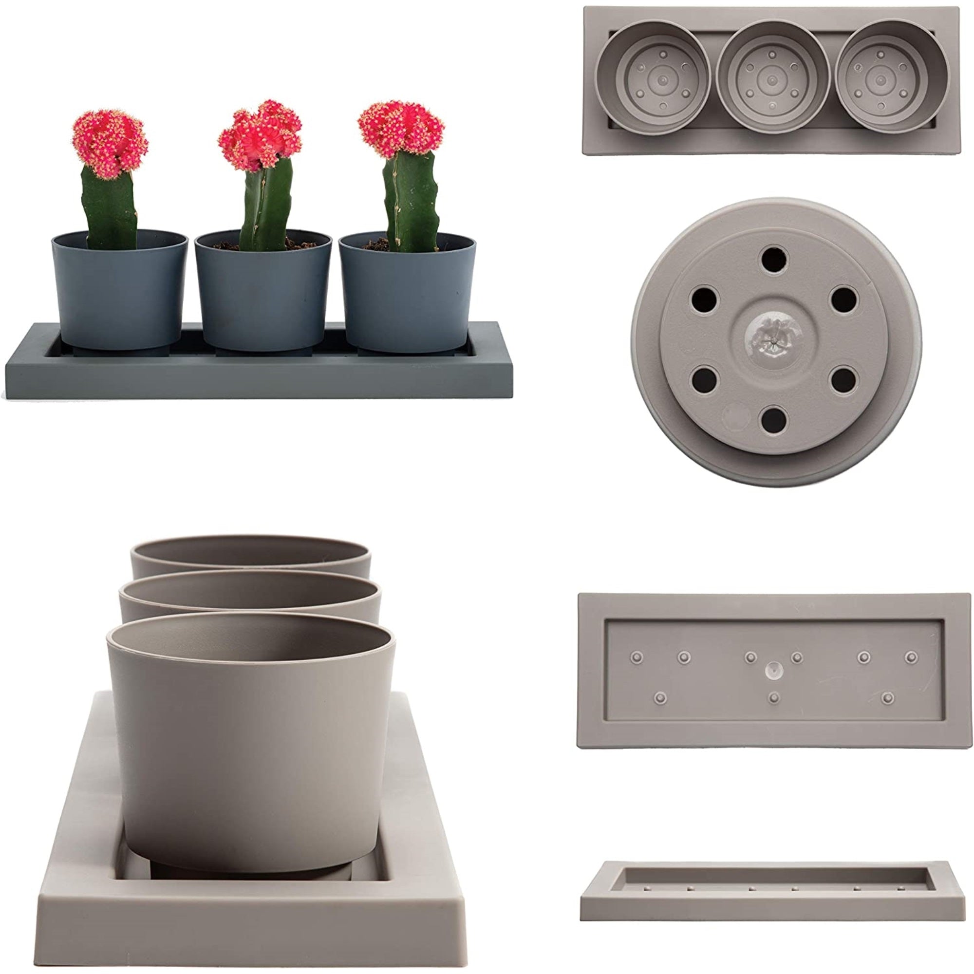 Bloem Trio Flight 3 Resin Planter Pots with Saucer Tray, Charcoal Gray 14”