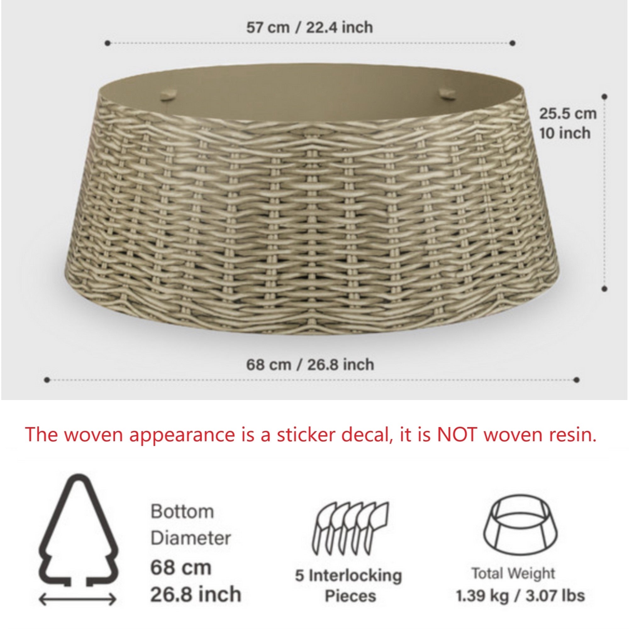 Tree Nest Christmas Decal Covered Tree Collar for Artificial or Living Christmas Tree, Woven Rattan Appearance, Large, Gray