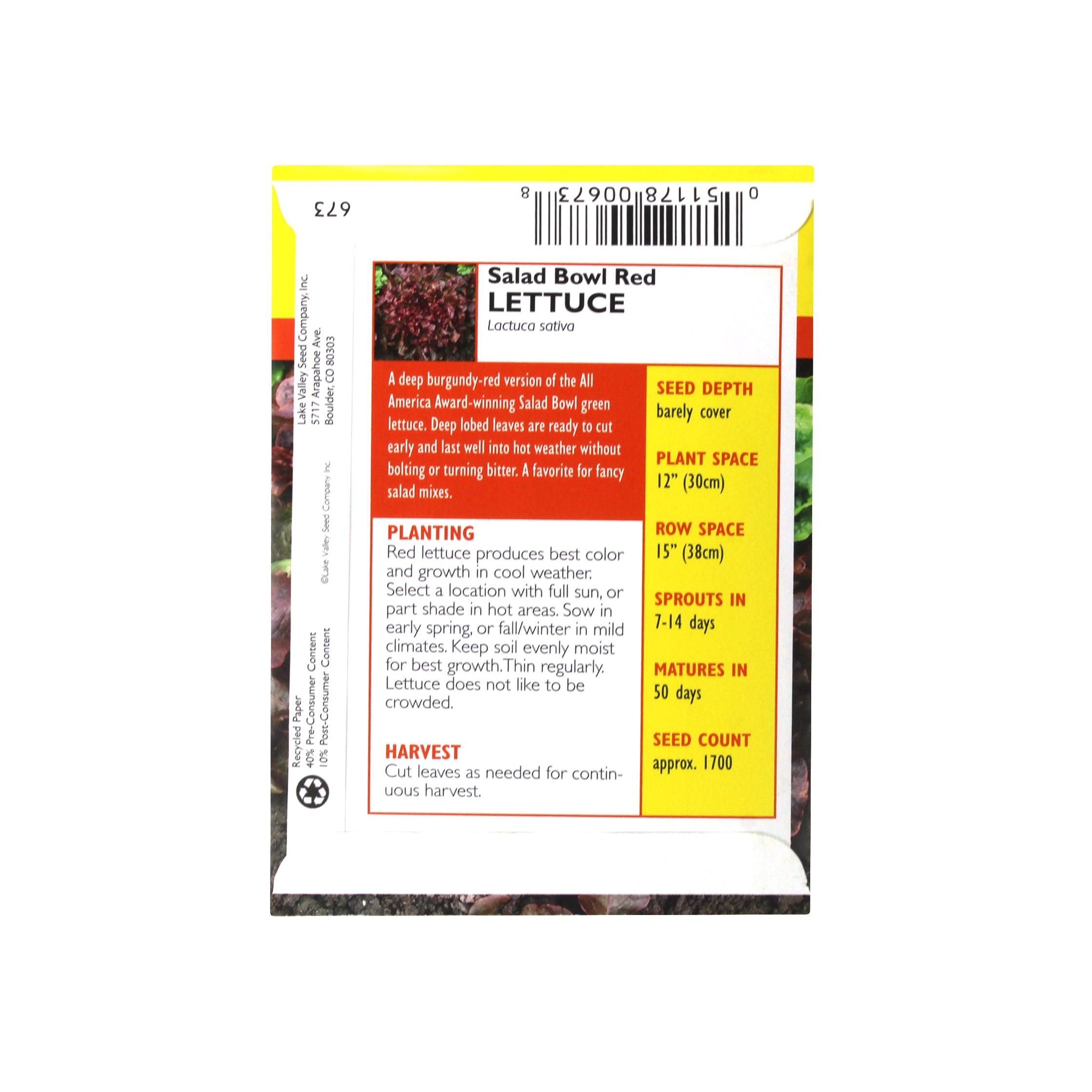 Lake Valley Seed Lettuce Salad Bowl Red Heirloom Vegetable Seeds, 1.5g