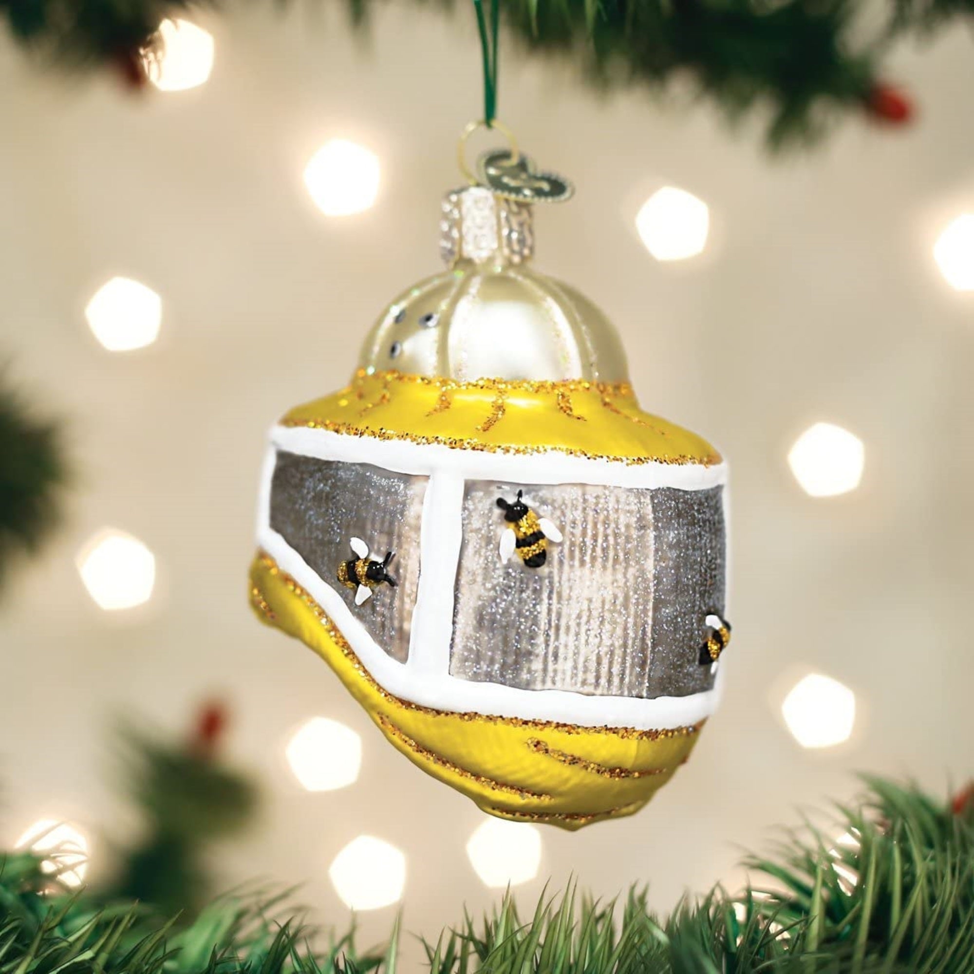 Old World Christmas Glass Blown Beekeeper Hood Yellow, 3.25"