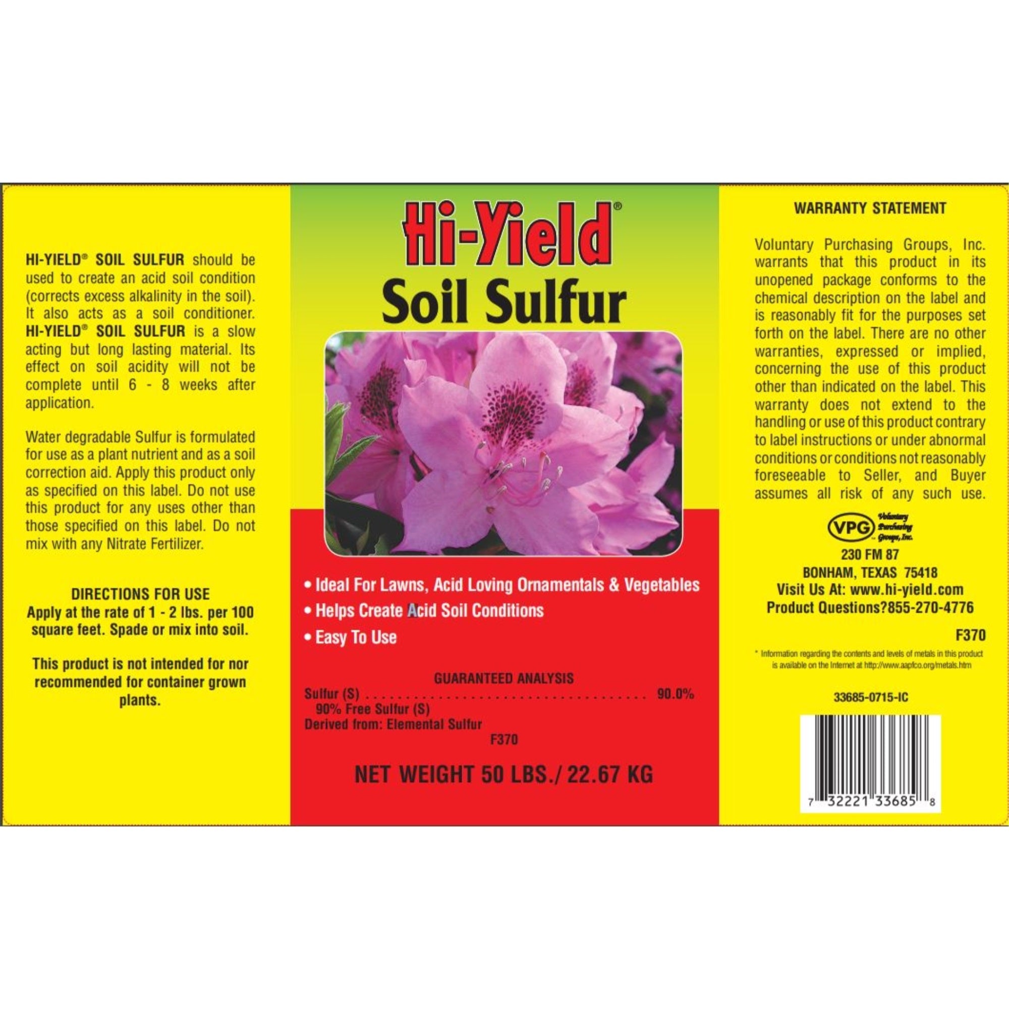 Hi-Yield Soil Sulphur Soil Amendment, 50 Pound Bag