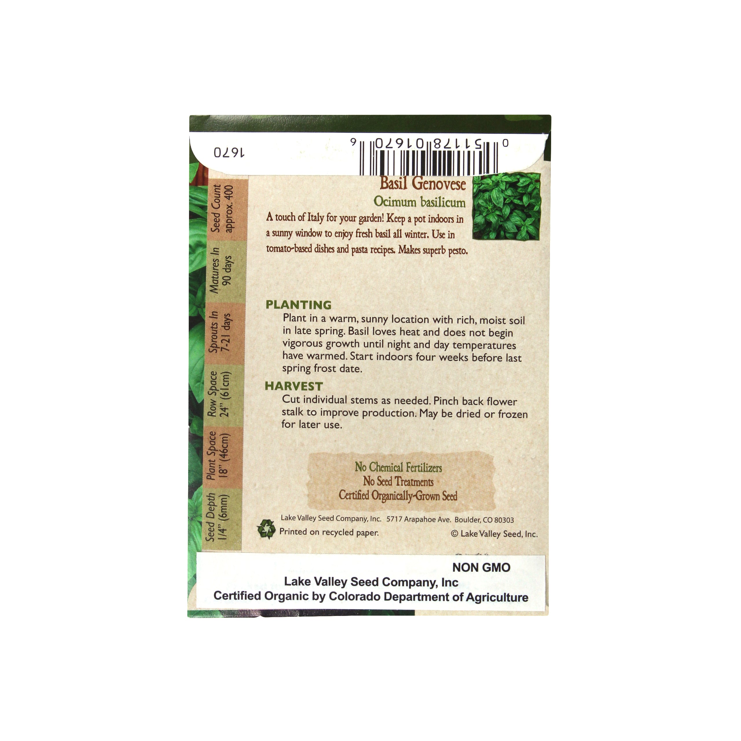 Lake Valley Seed Basil, Sweet Organic Genovese Heirloom Herb Seeds, .5g