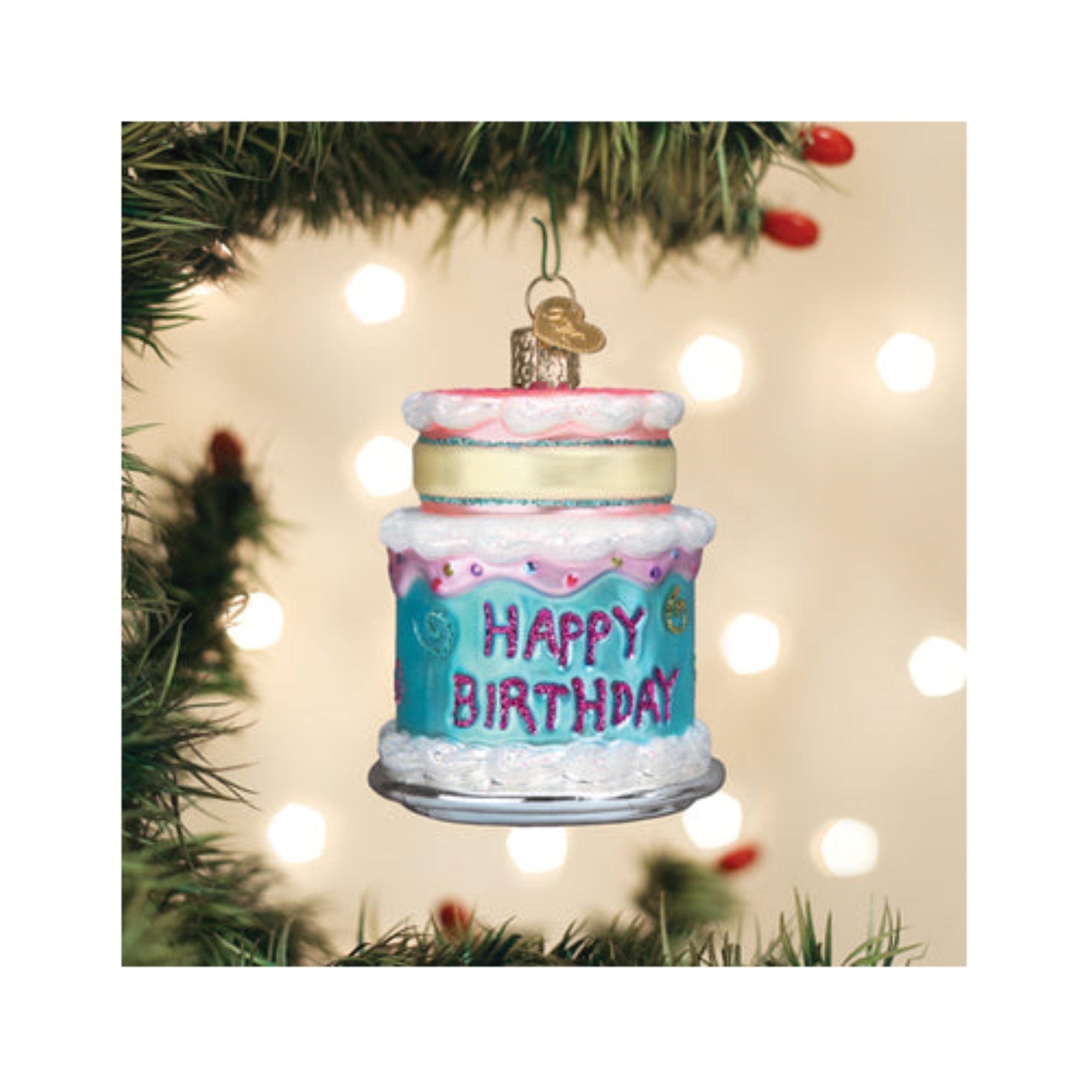 Old World Christmas Glass Blown Ornaments for Tree, Happy Birthday Cake
