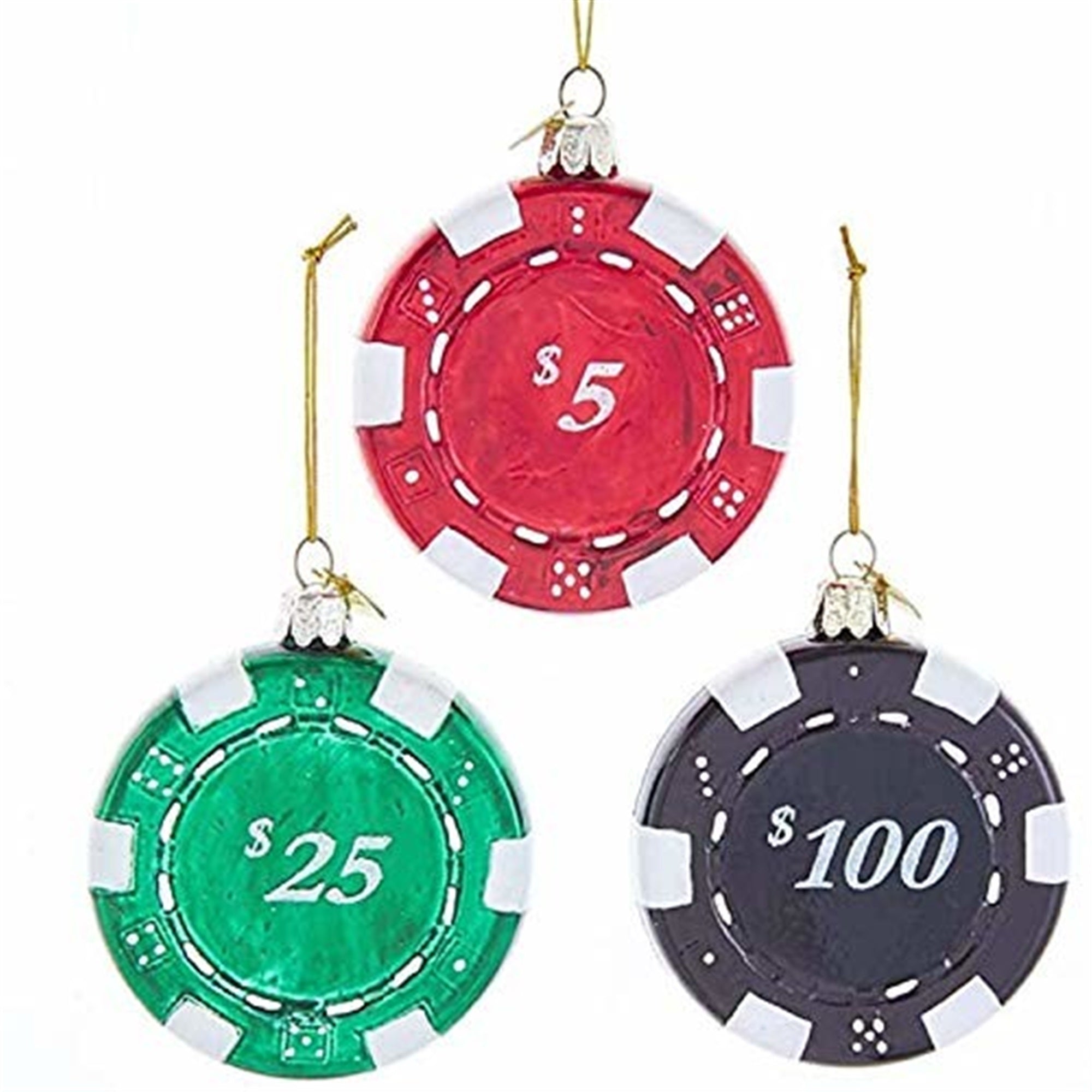 Kurt Adler Noble Gems Casino Chips Hanging Glass Ornaments, 3-Piece Set