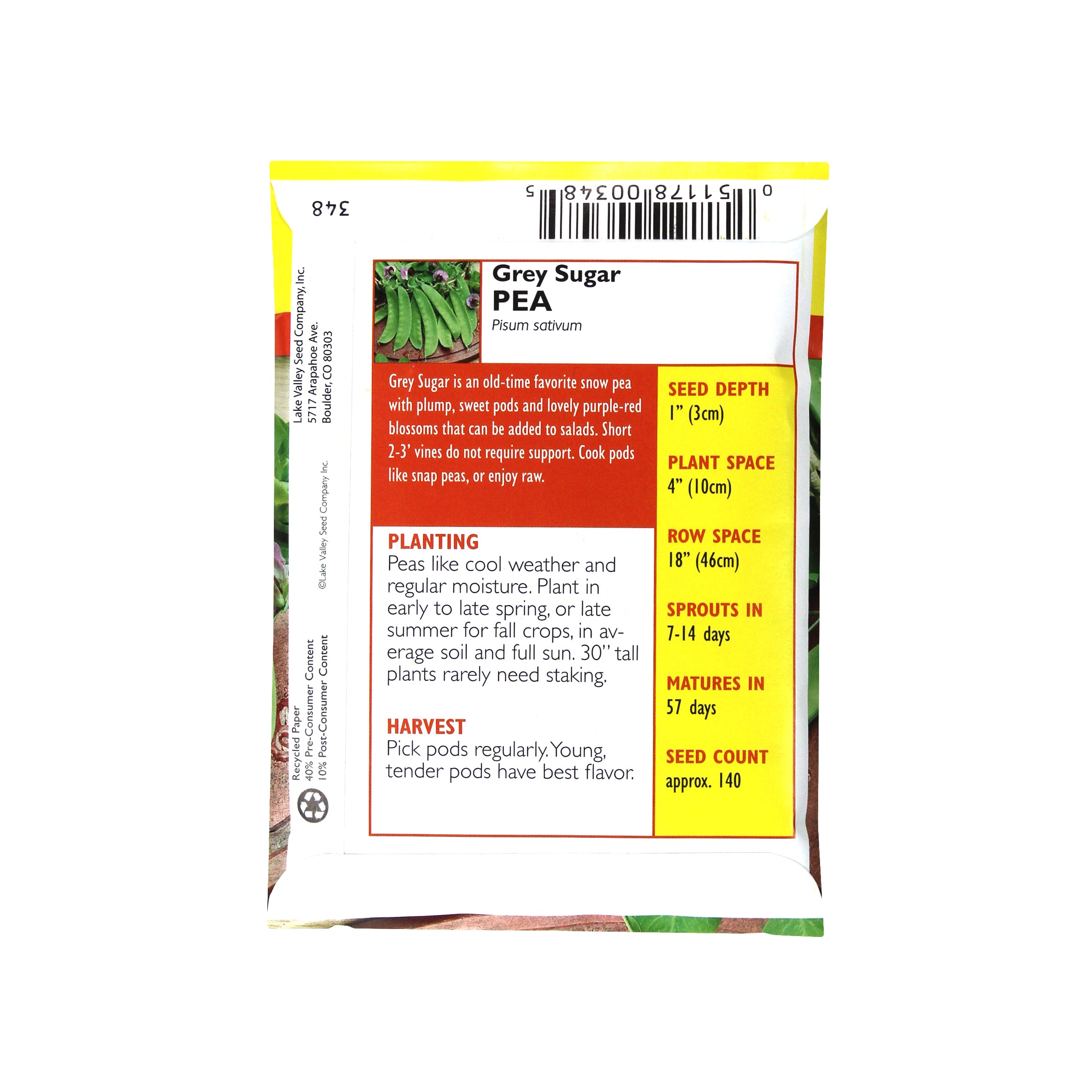 Lake Valley Seeds Pea, Dwarf Grey Sugar Heirloom, 20g