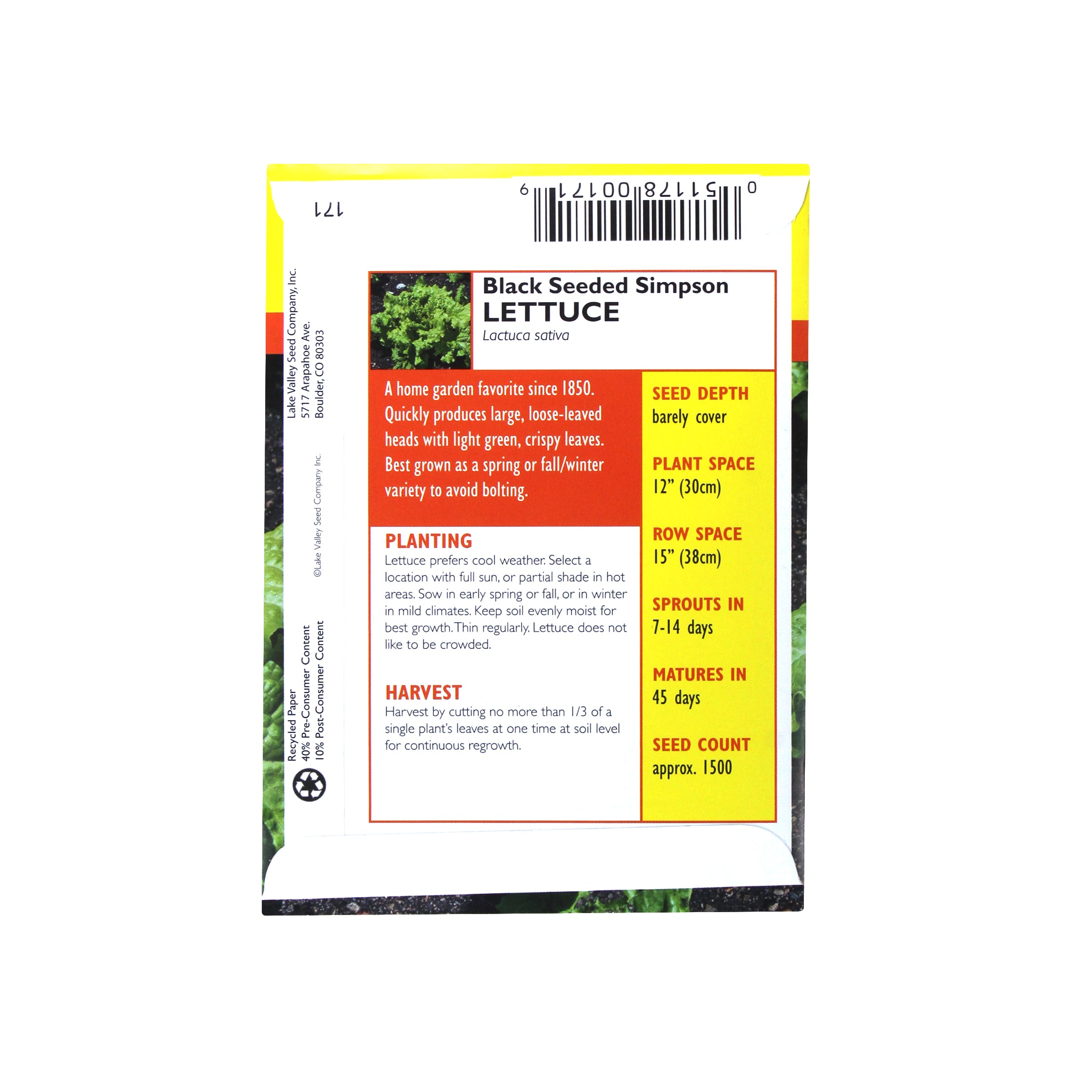 Lake Valley Seed Lettuce, Black Seeded Simpson Heirloom Vegetable, 1.5g