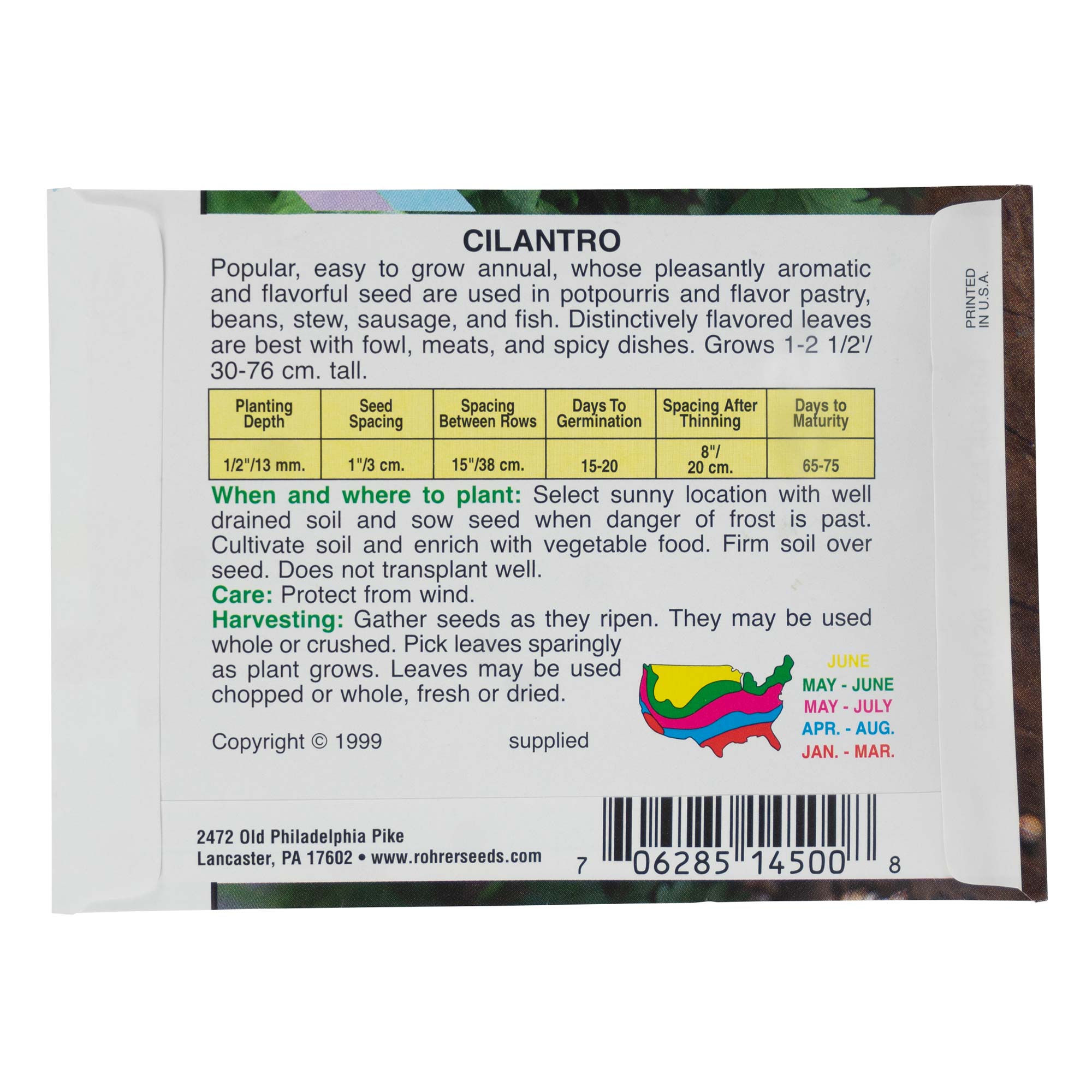 Rohrer Seeds Herb Cilantro, Coriander Heirloom, 1g, Approx 85 Seeds/Packet