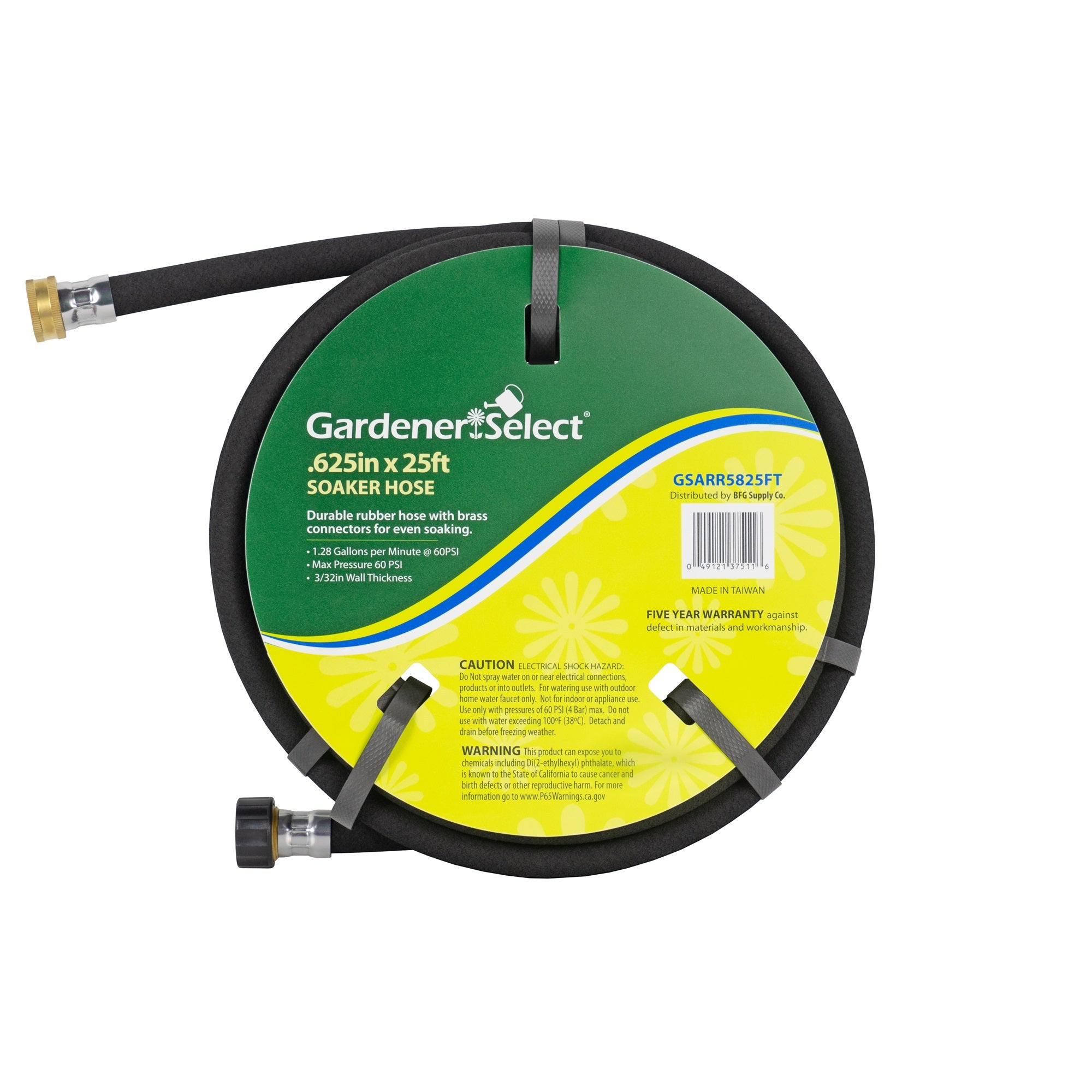 Gardener Select Durable Standard Outdoor Rubber Garden Soaker Hose W/Brass Connectors, Black, 5/8" By 25'