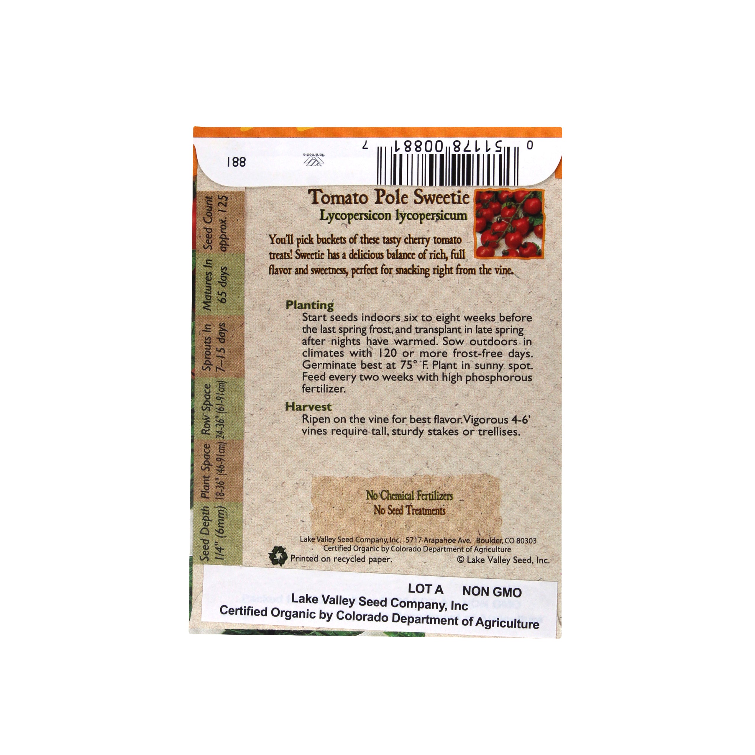 Lake Valley Seed Organic Tomato (Pole) Sweetie, 0.20g