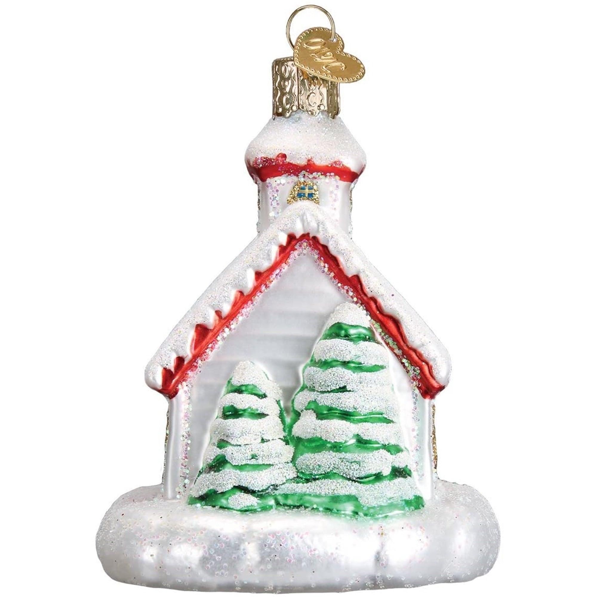 Old World Christmas Glass Blown Ornament, Country Church, 3.75"