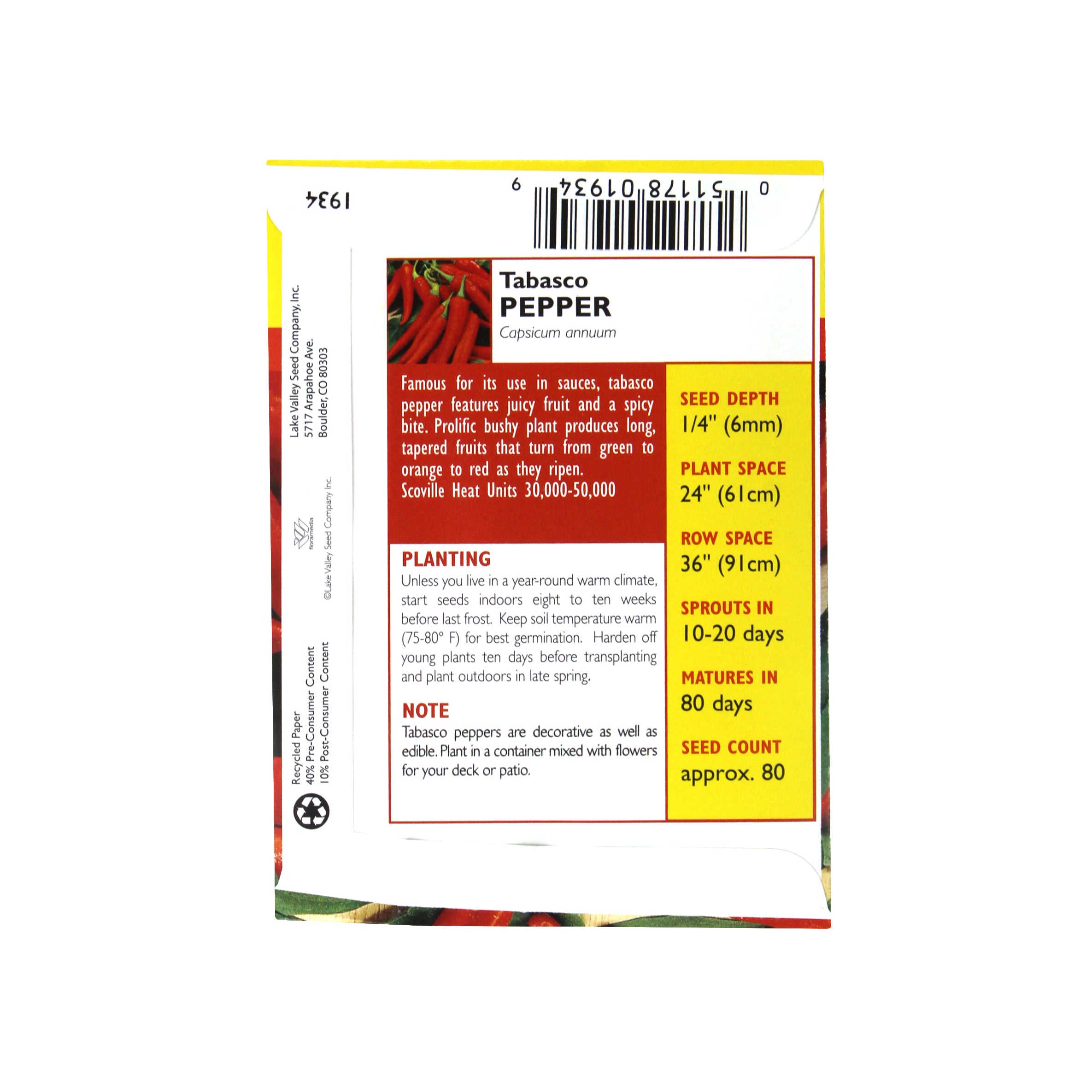 Lake Valley Seed Pepper, Hot Tabasco Heirloom, 0.30g