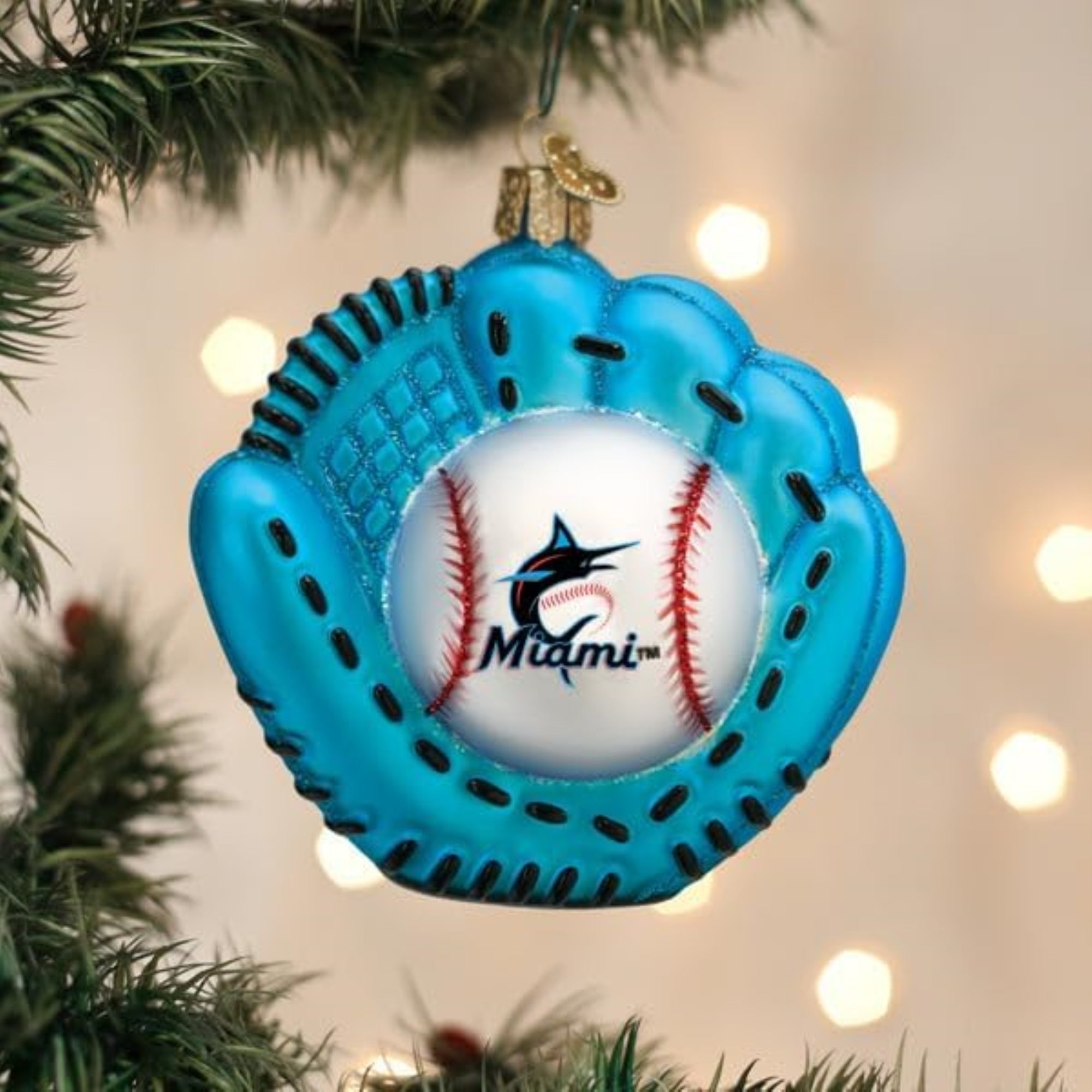 Old World Christmas Blown Glass Ornament for Christmas Tree, Miami Marlins Baseball Mitt