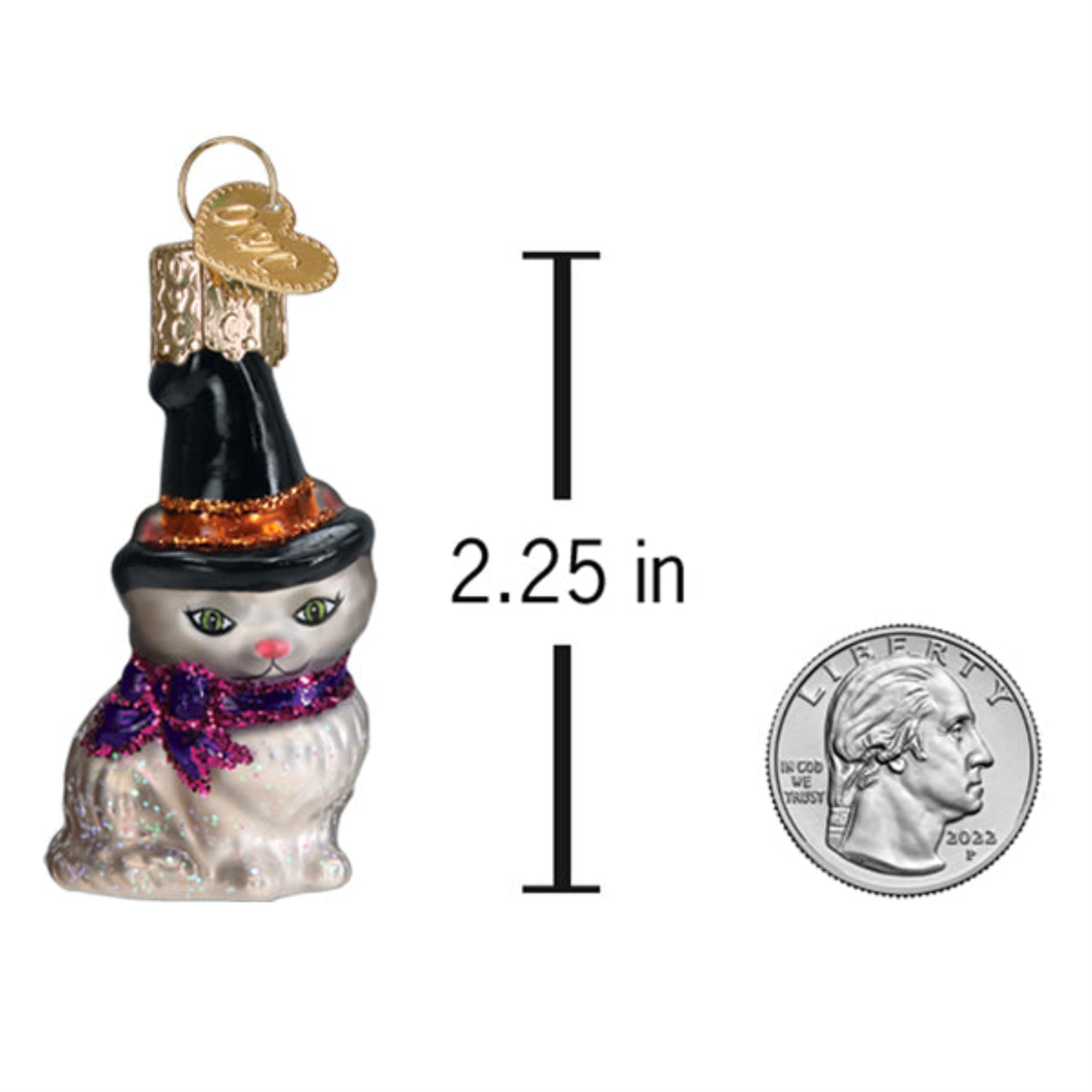 Old World Christmas Blown Glass Hanging Ornament for Halloween, Mini Witch Cat (with OWC Gift Box)