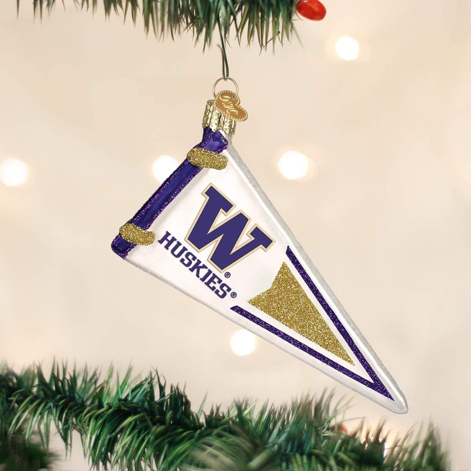 Old World Christmas Blown Glass Ornament for Christmas Tree, Washington Huskies Pennant